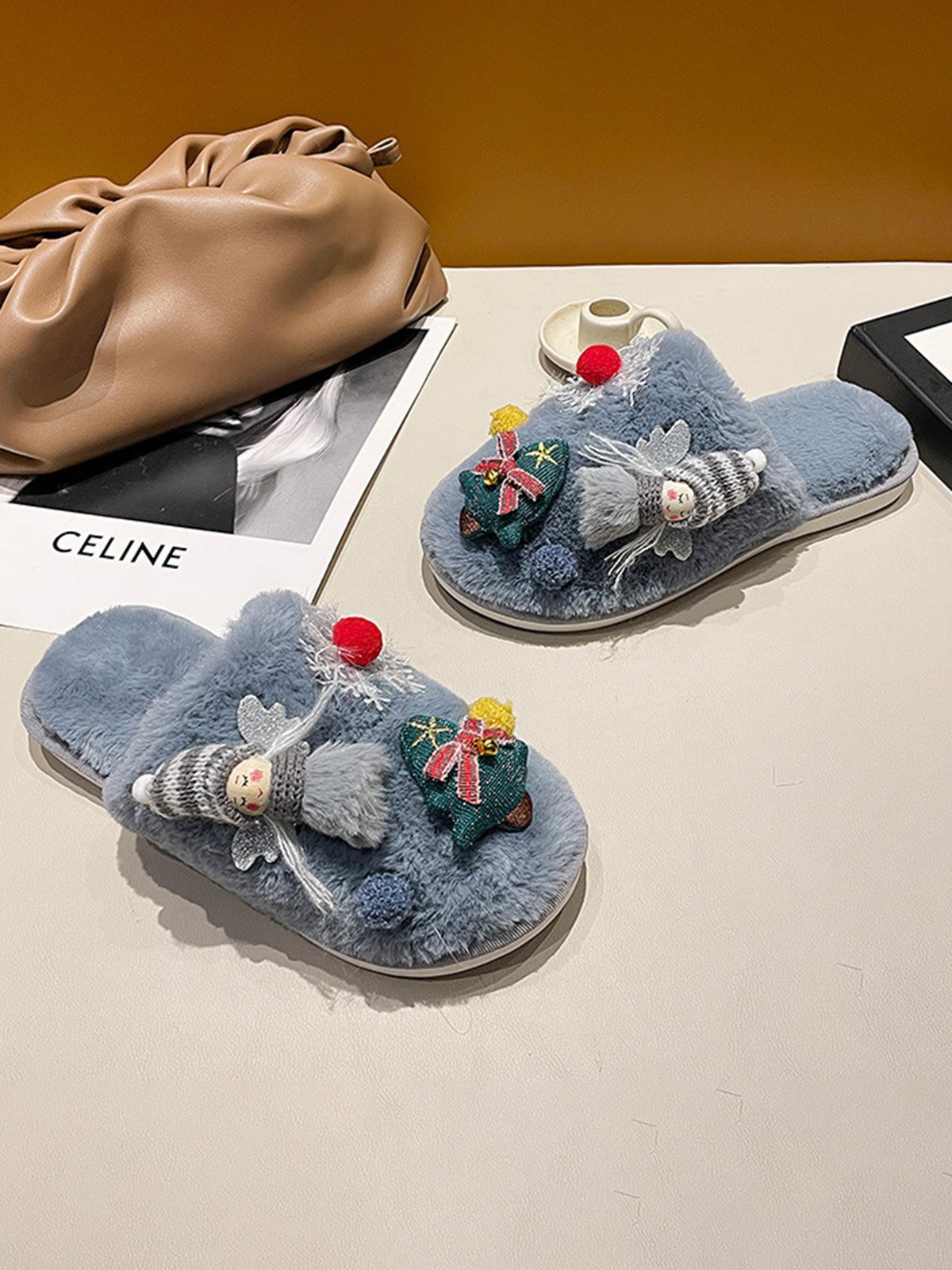 Cartoon Christmas Tree Fuzzy Ball Fuzzy Slippers