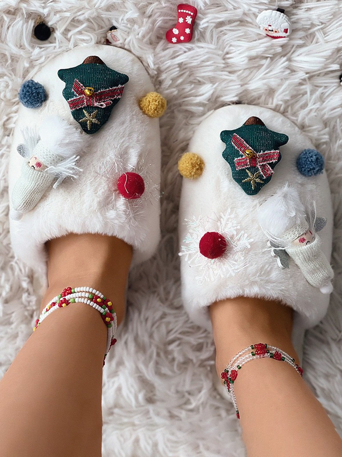 Cartoon Christmas Tree Fuzzy Ball Fuzzy Slippers