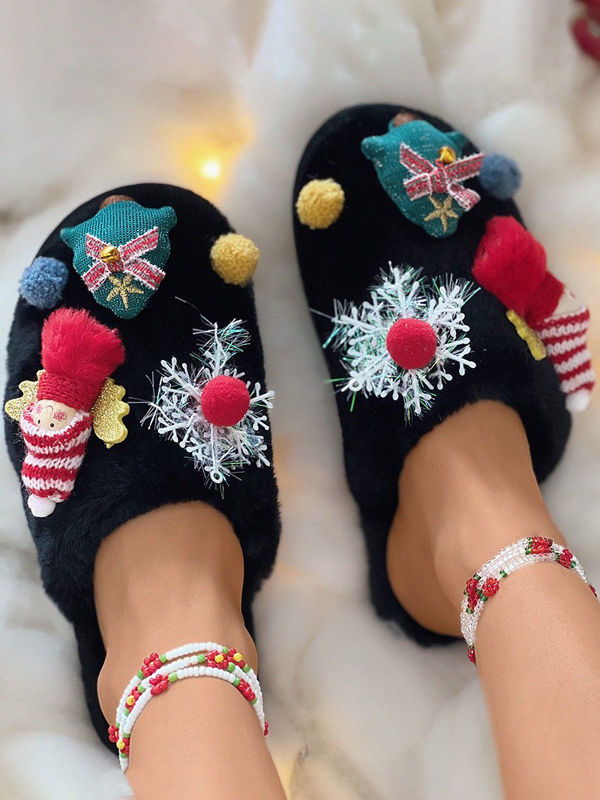 Cartoon Christmas Tree Fuzzy Ball Fuzzy Slippers