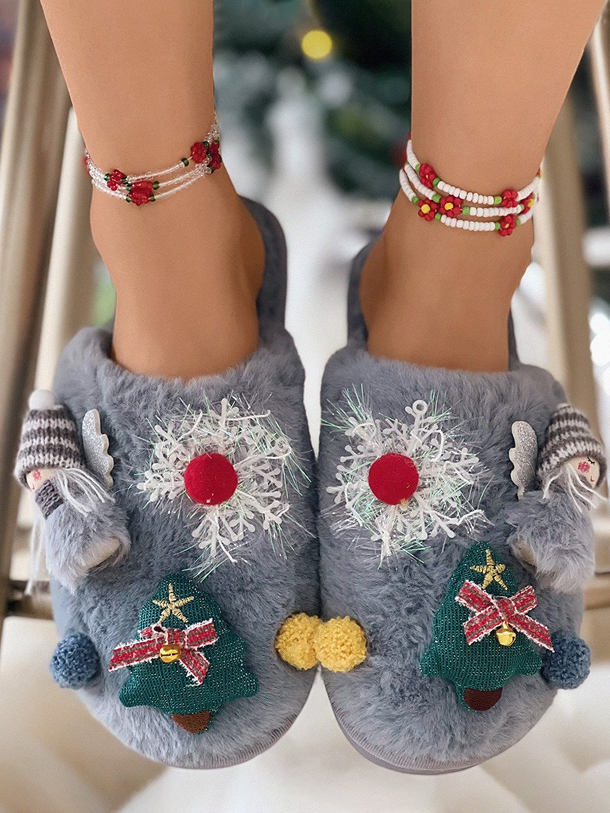 Cartoon Christmas Tree Fuzzy Ball Fuzzy Slippers