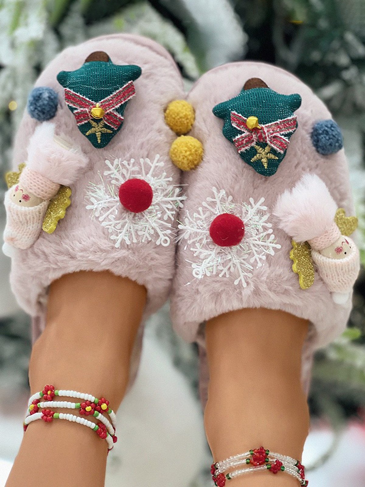 Cartoon Christmas Tree Fuzzy Ball Fuzzy Slippers