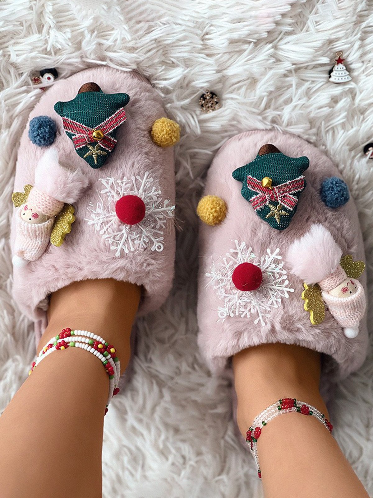 Cartoon Christmas Tree Fuzzy Ball Fuzzy Slippers