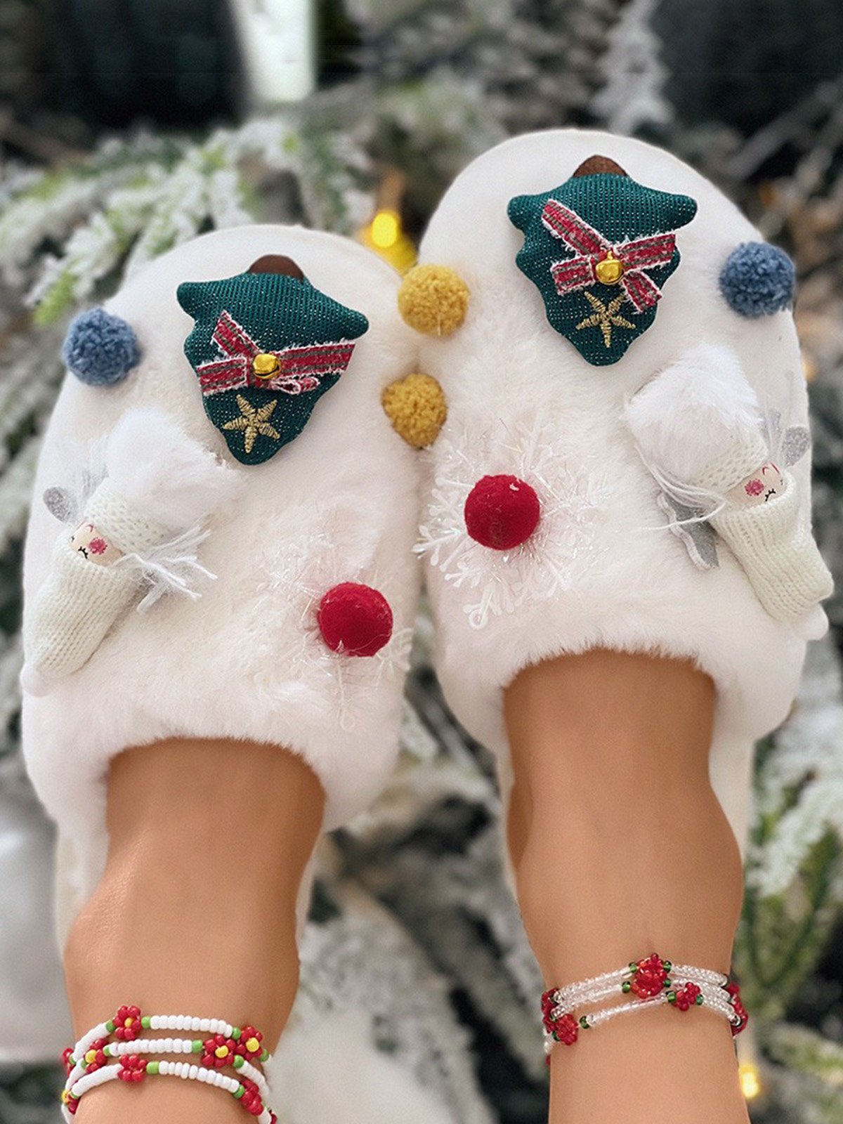 Cartoon Christmas Tree Fuzzy Ball Fuzzy Slippers