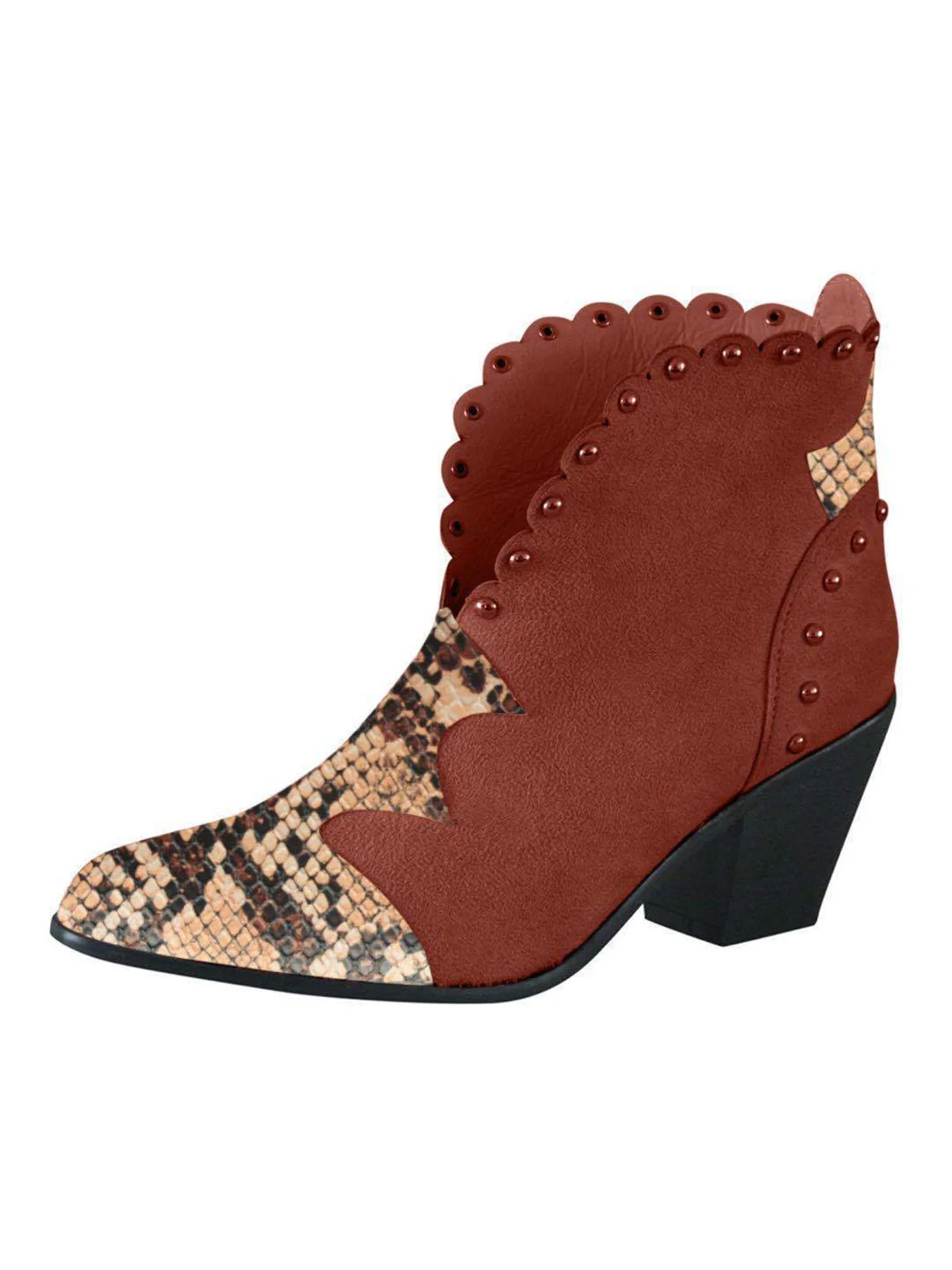 Snake Stitch Rivet Lace Toe Thick Heel Ankle Boots