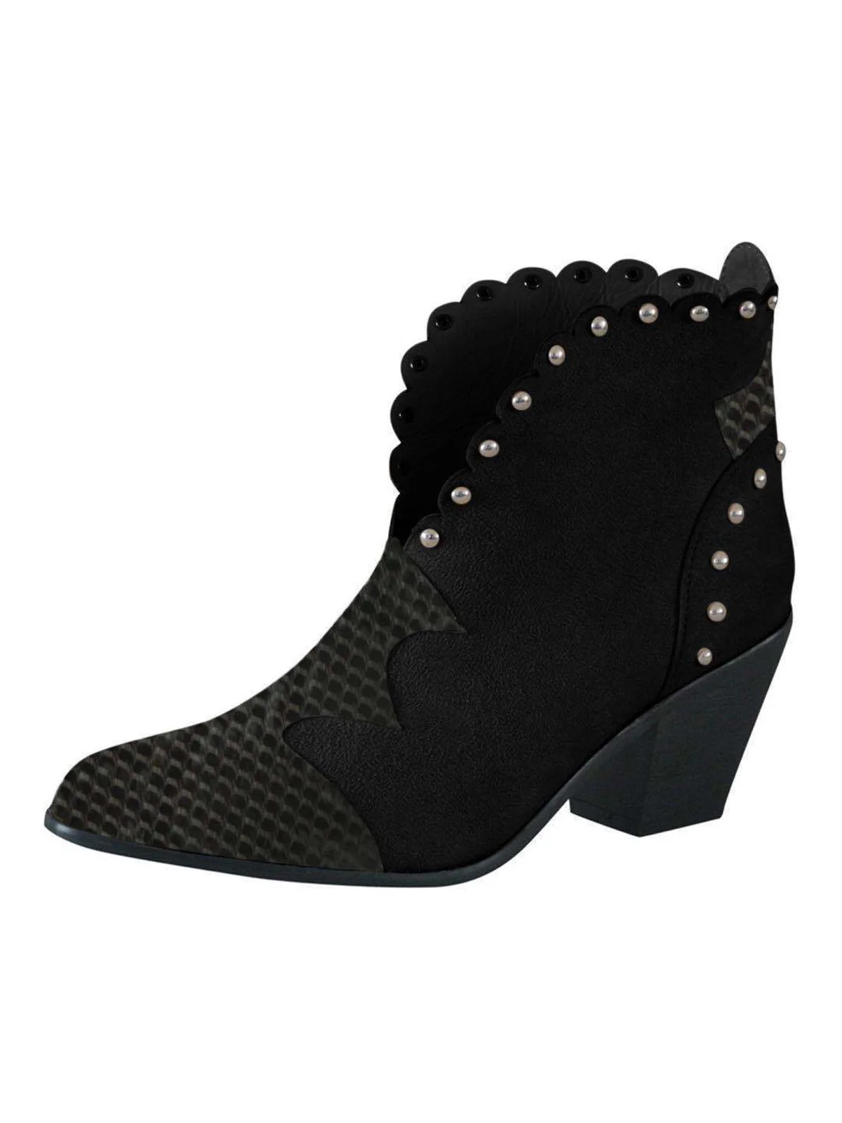 Snake Stitch Rivet Lace Toe Thick Heel Ankle Boots