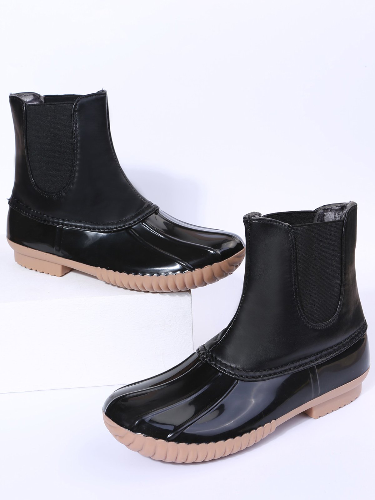 Leopard Plain Plush Warm Panel Waterproof Duck Bean Boots