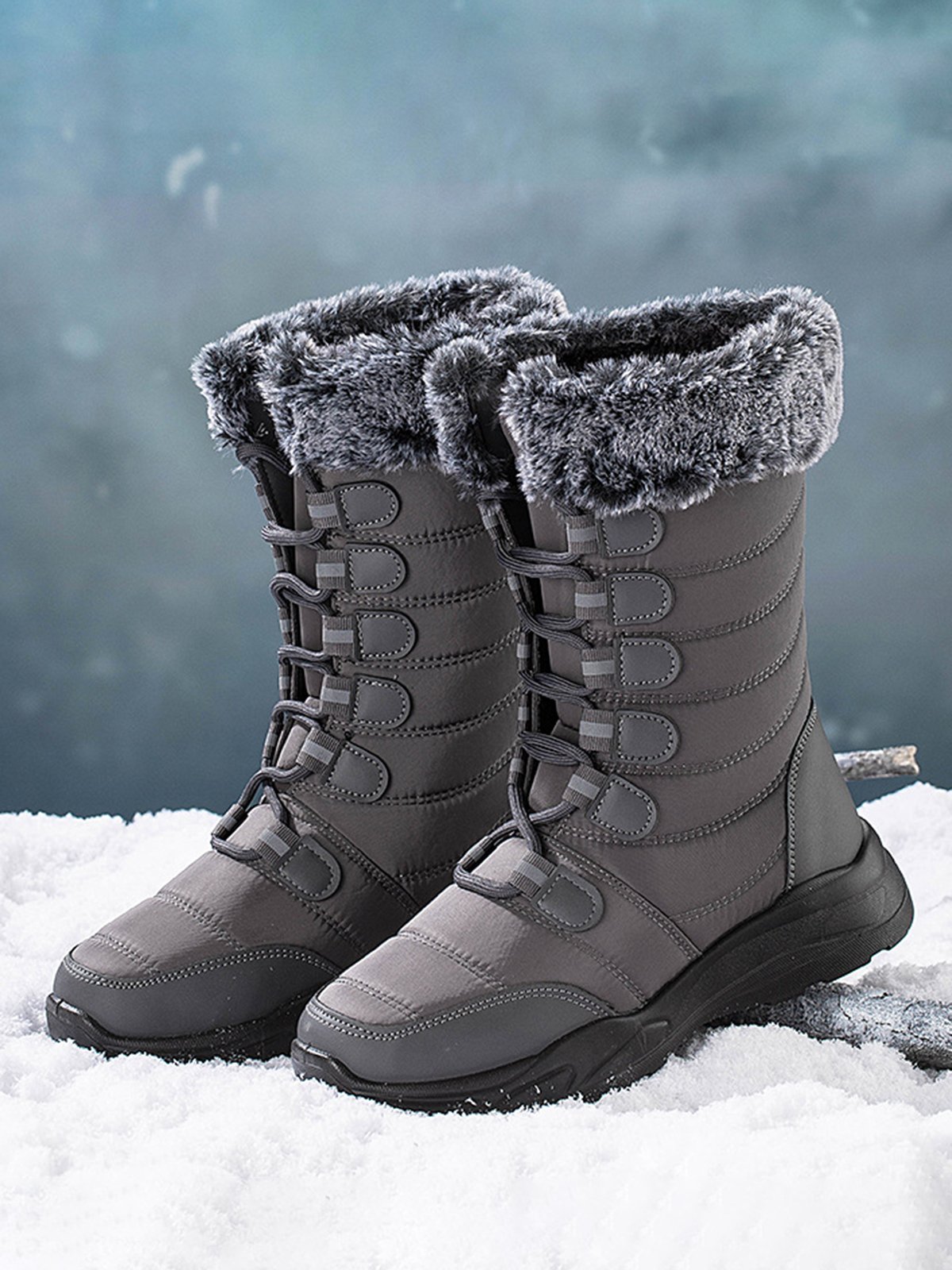 Plus Size Non-Slip Furry Lined Lace-Up Outdoor Boots