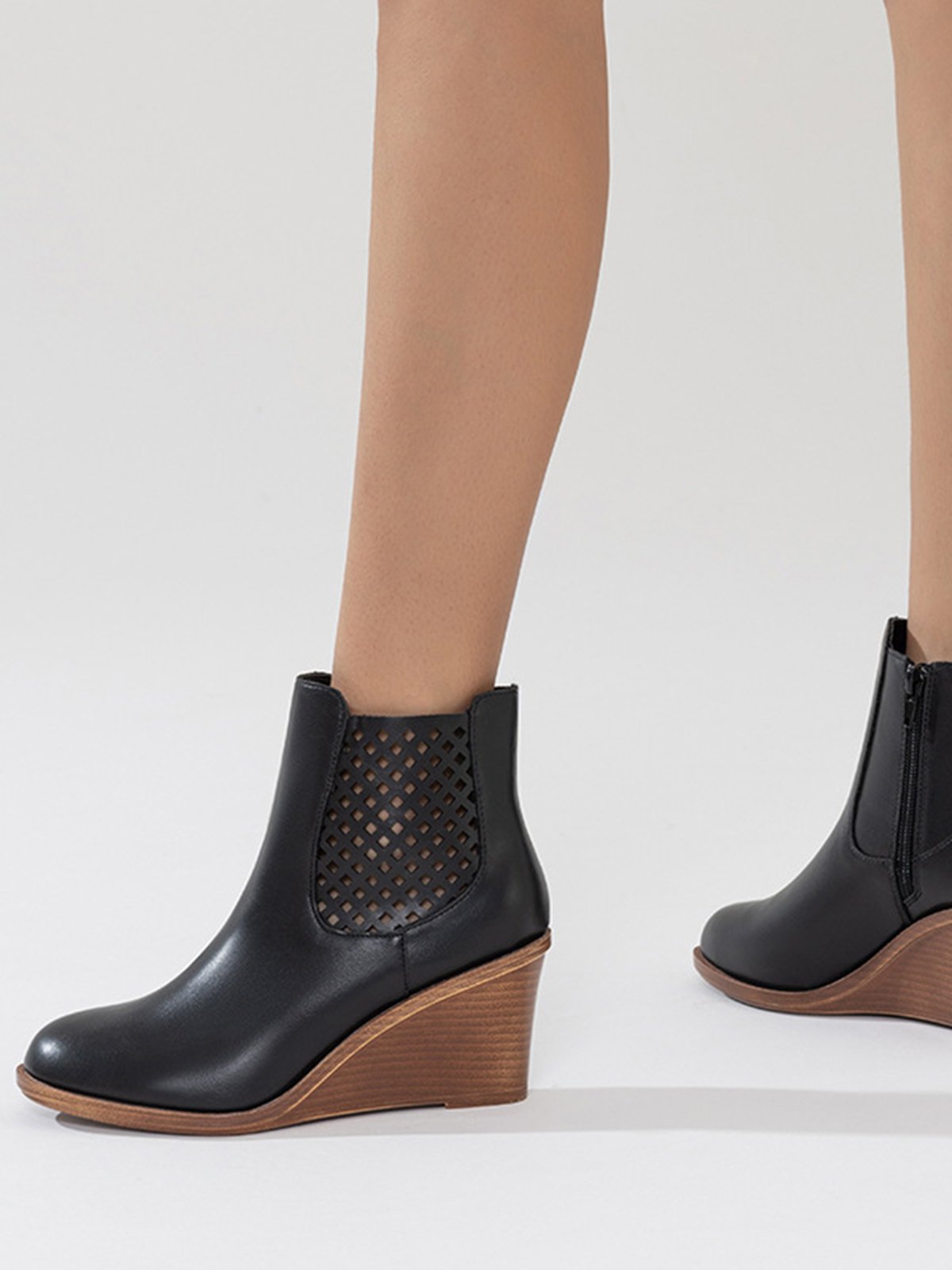 Hollow Side Zip Stacked Wedge Heel  Ankle Boots