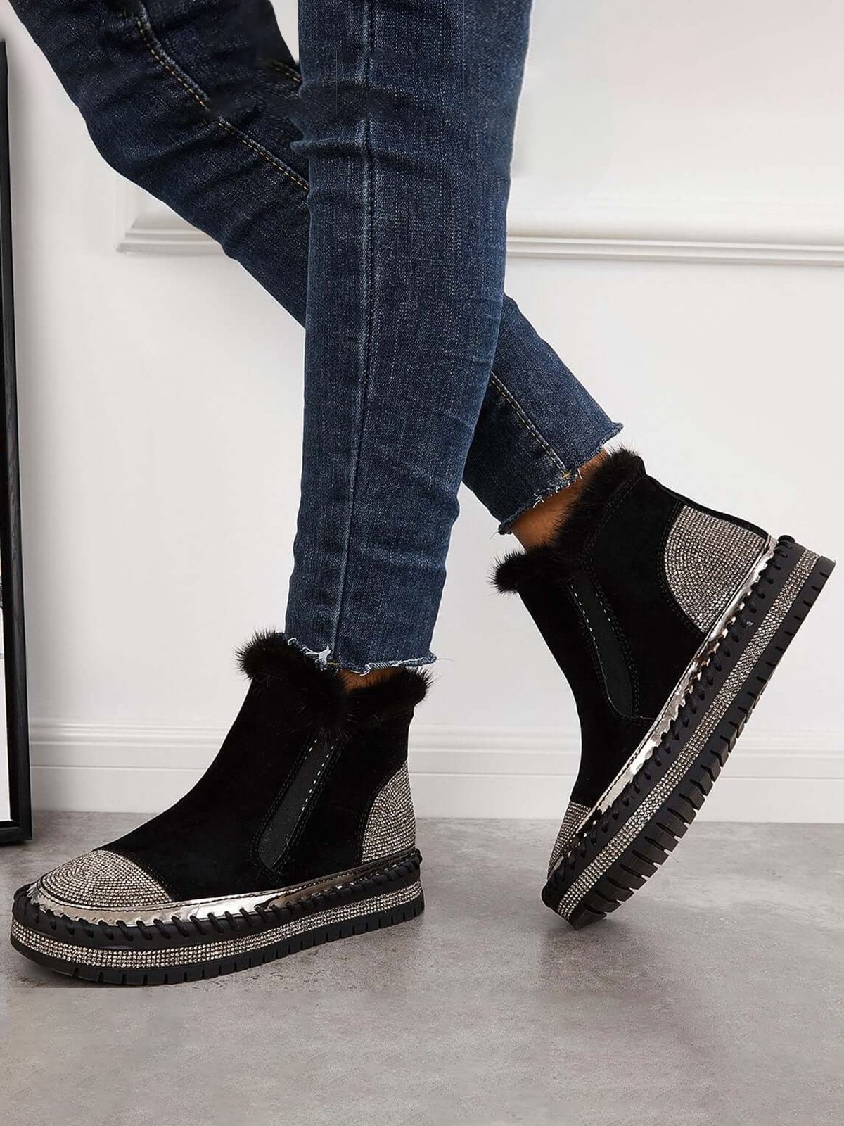 Rhinestone Split Joint Warm Fur Lined Slip on Ankle Boots