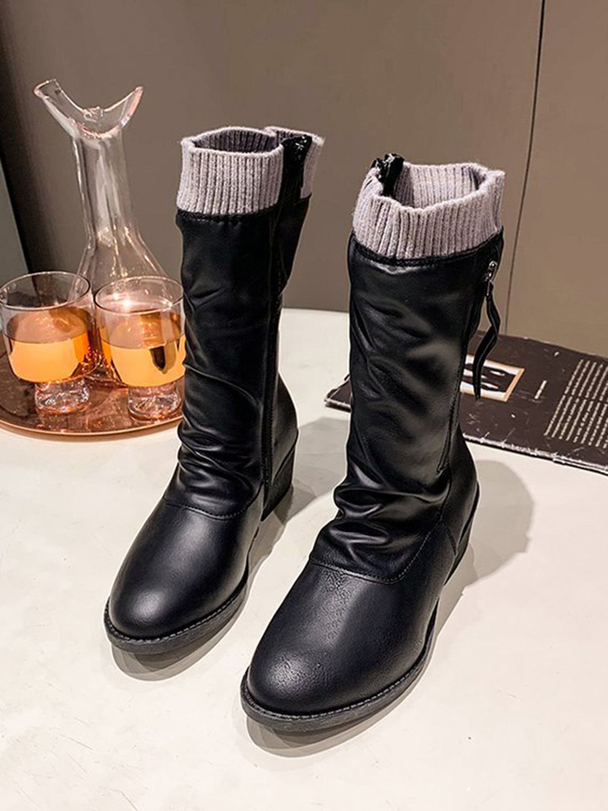 Vintage Wool Knitting Stitching Pleated Synthetic Leather Thick Heel Boots