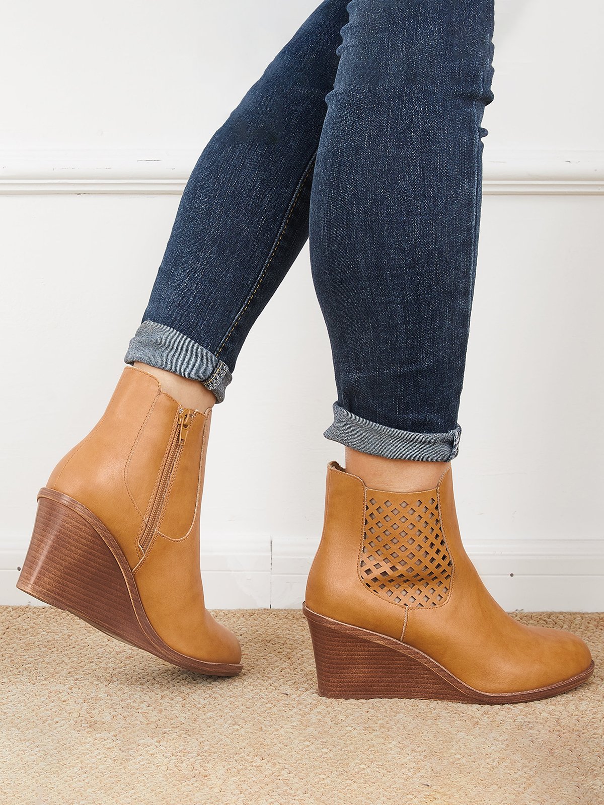 Hollow Side Zip Stacked Wedge Heel  Ankle Boots