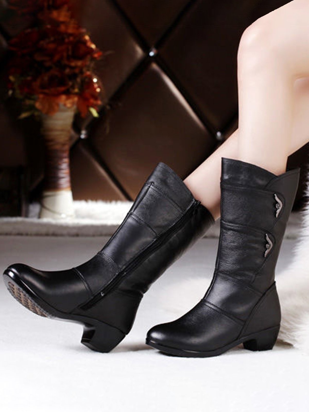 Black Rhinestone Metal Plush Warm Thick Heel Boots