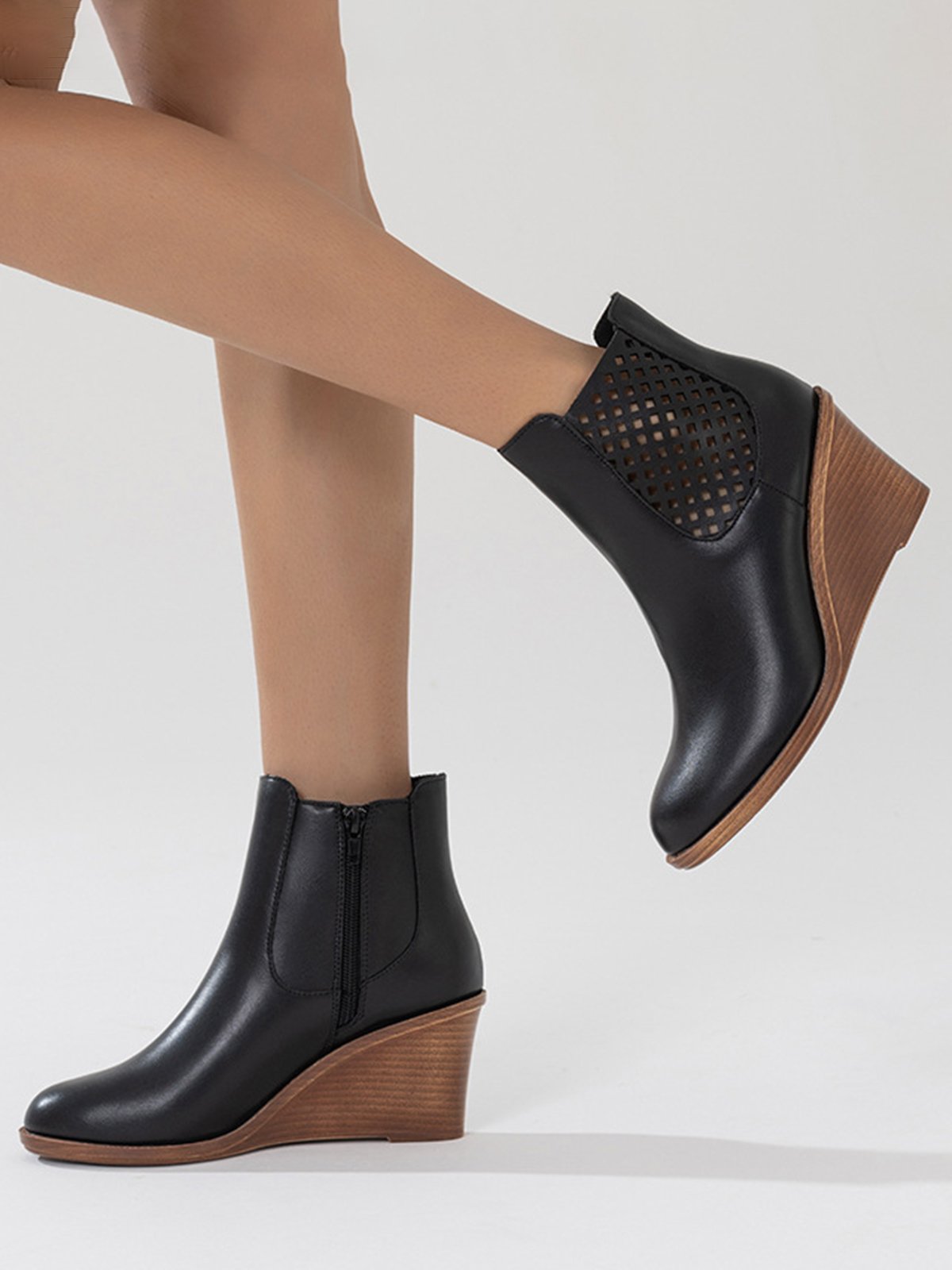 Hollow Side Zip Stacked Wedge Heel  Ankle Boots