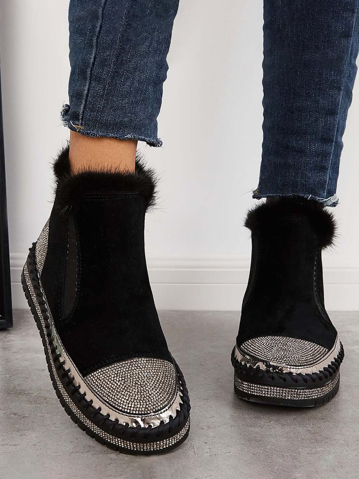 Rhinestone Split Joint Warm Fur Lined Slip on Ankle Boots