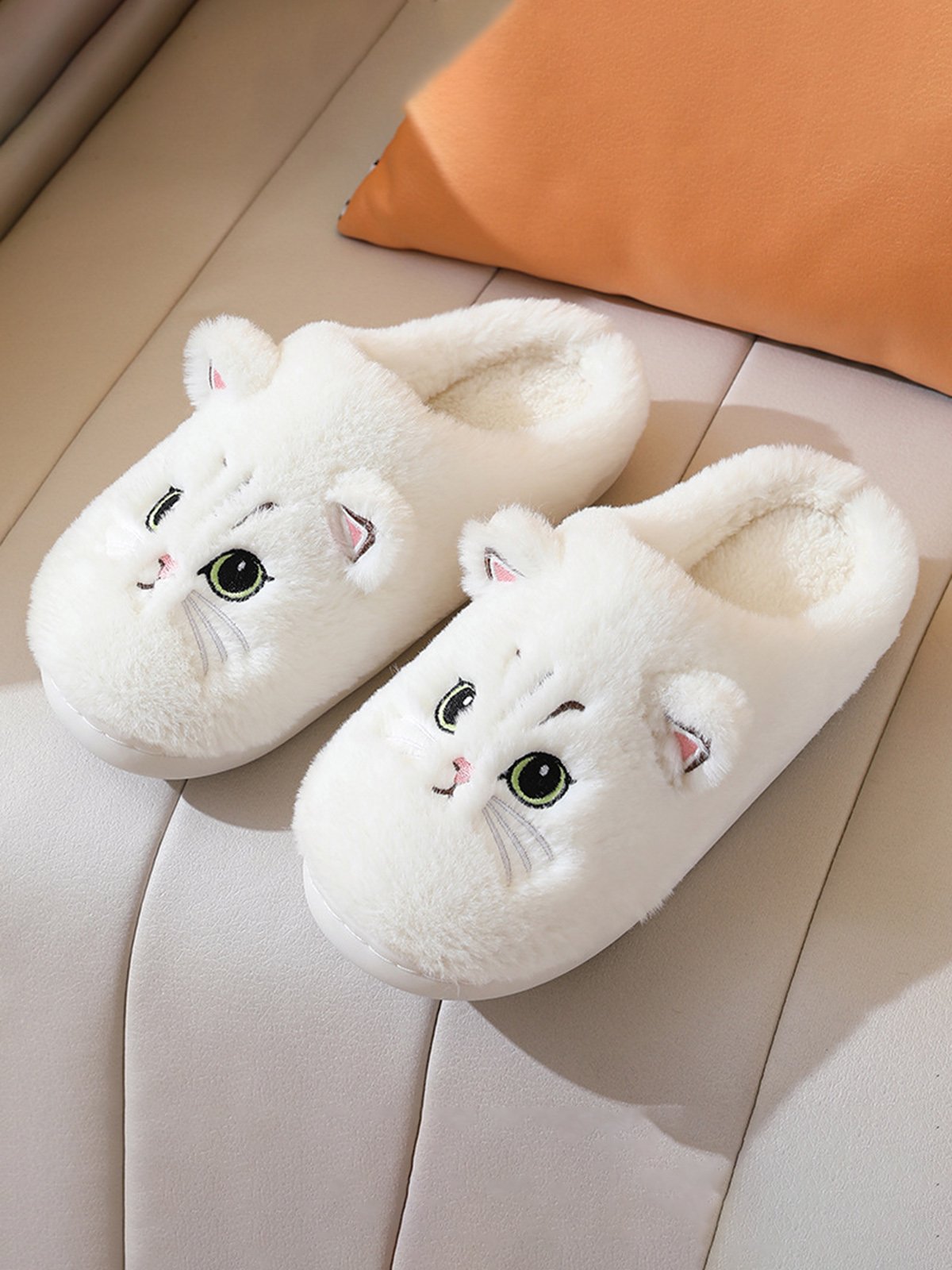 Cartoon Cat Design Embroidered Fuzzy Novelty Slippers