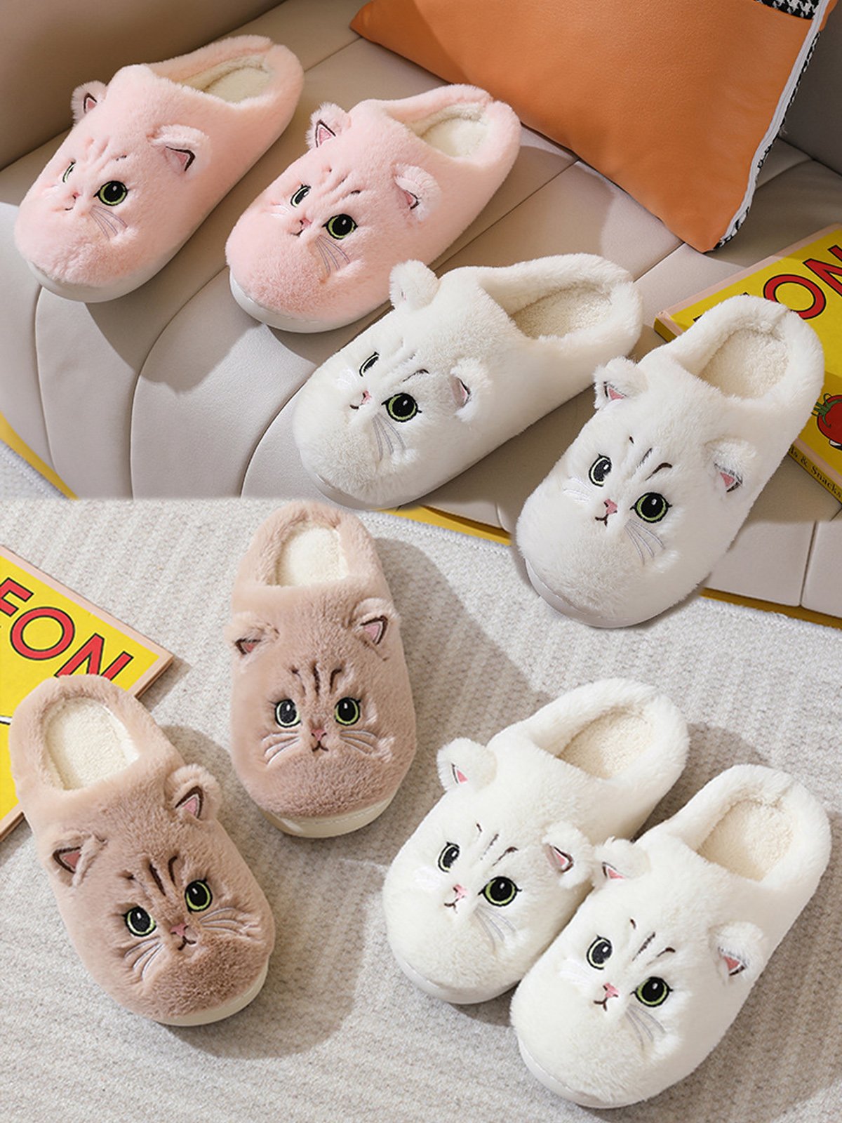 Cartoon Cat Design Embroidered Fuzzy Novelty Slippers