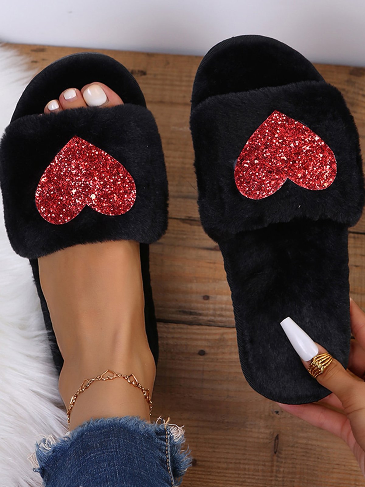 Heart Glitter Decor Fluffy Open-Top Slippers