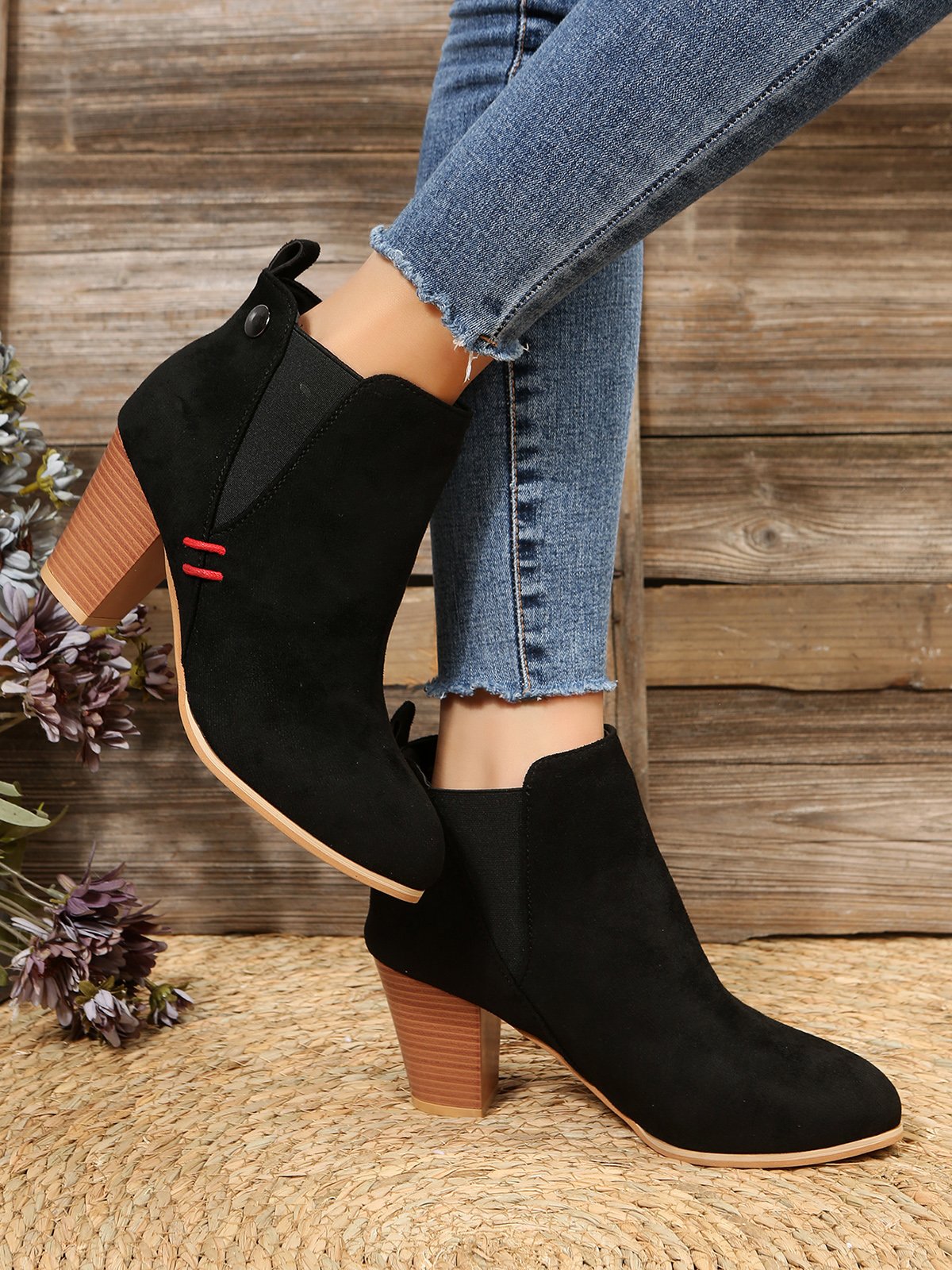 Red Stitched Black Suede Chunky Heel Chelsea Boots