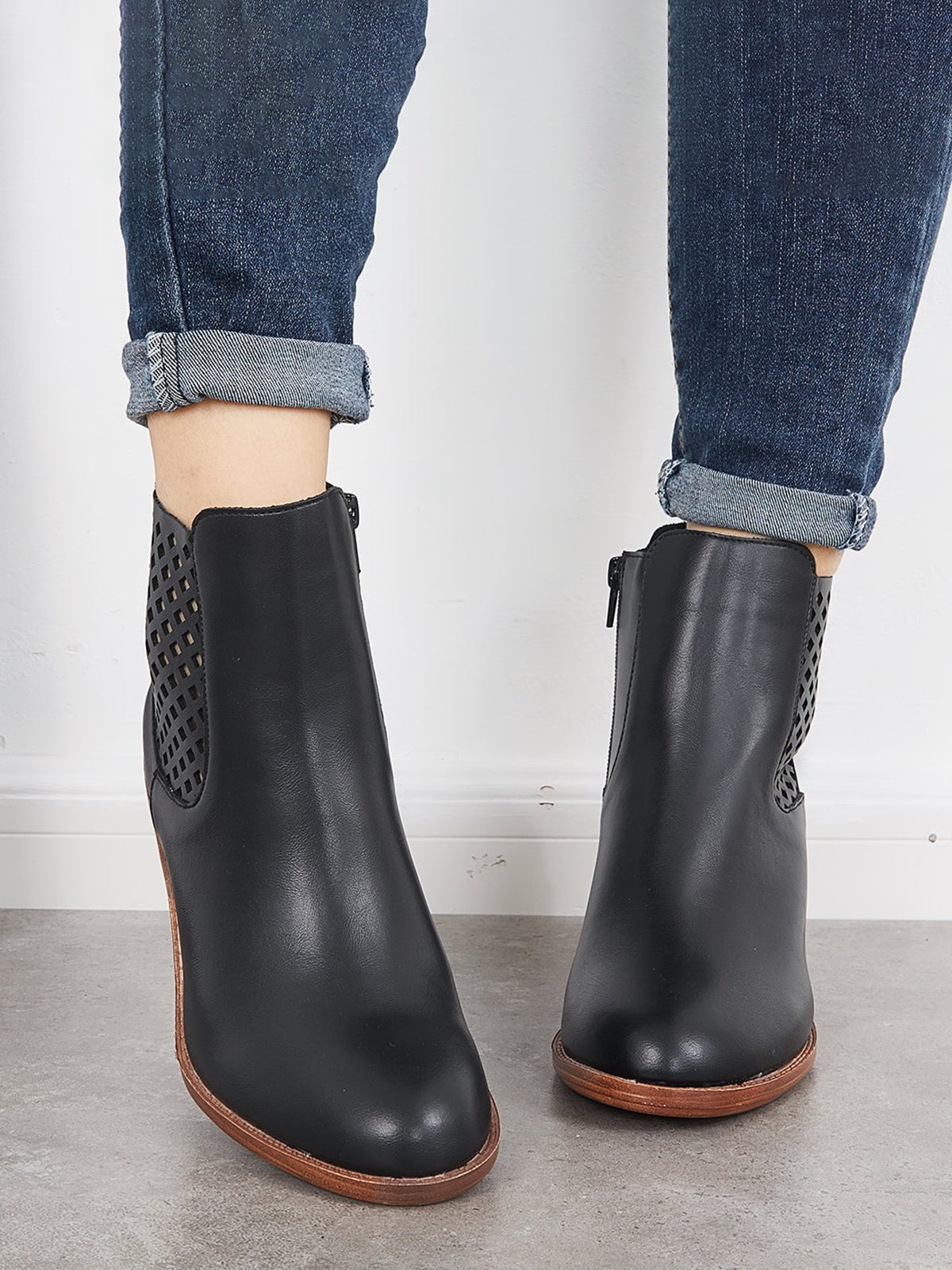 Hollow Side Zip Stacked Wedge Heel  Ankle Boots
