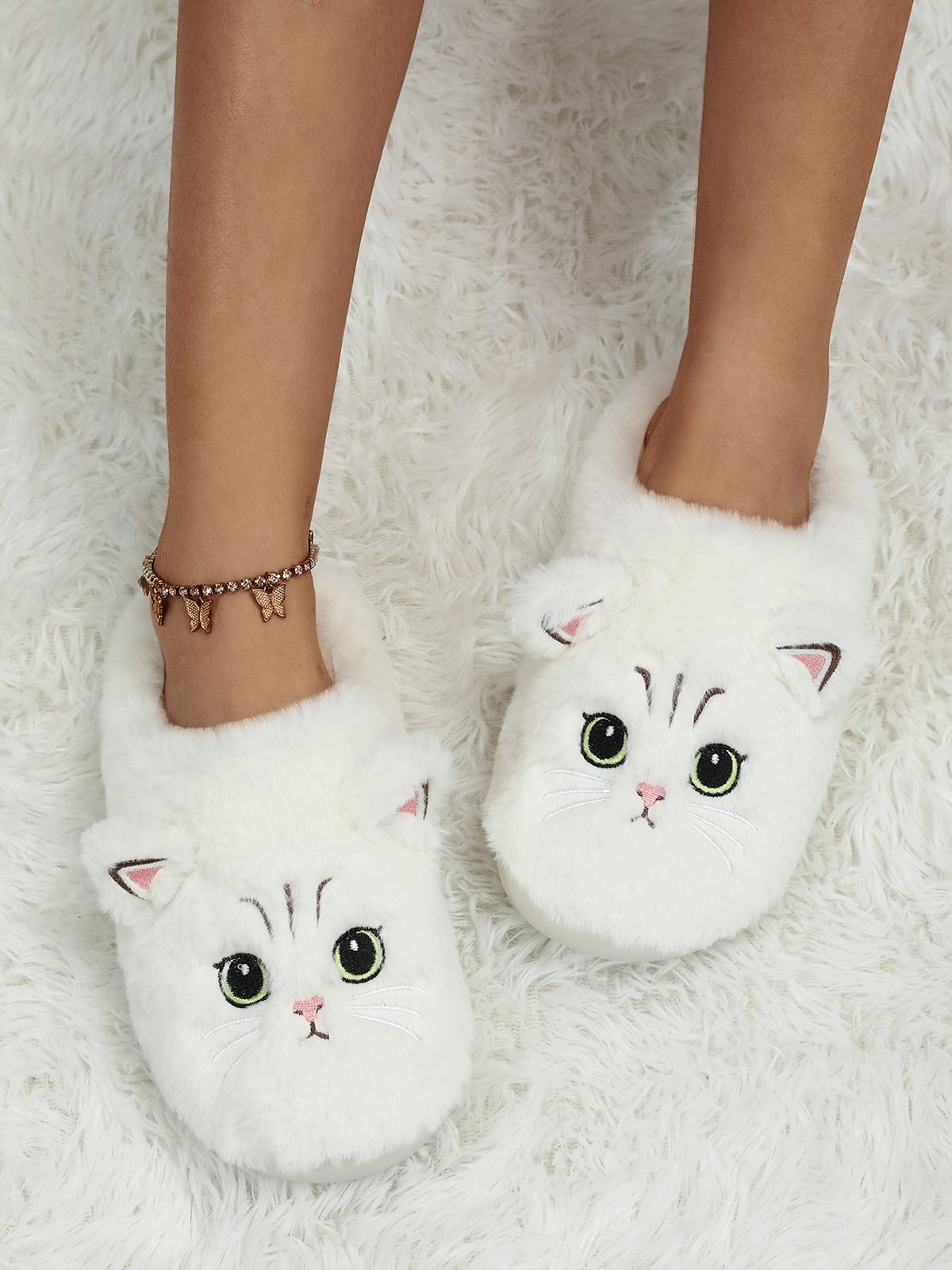 Cartoon Cat Design Embroidered Fuzzy Novelty Slippers