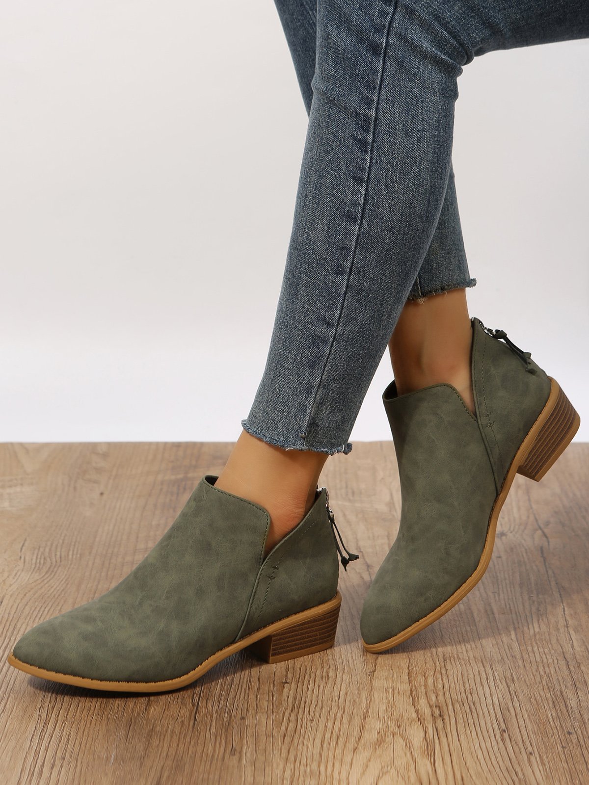 Olive Green Simple Commuter Casual Ankle Boots