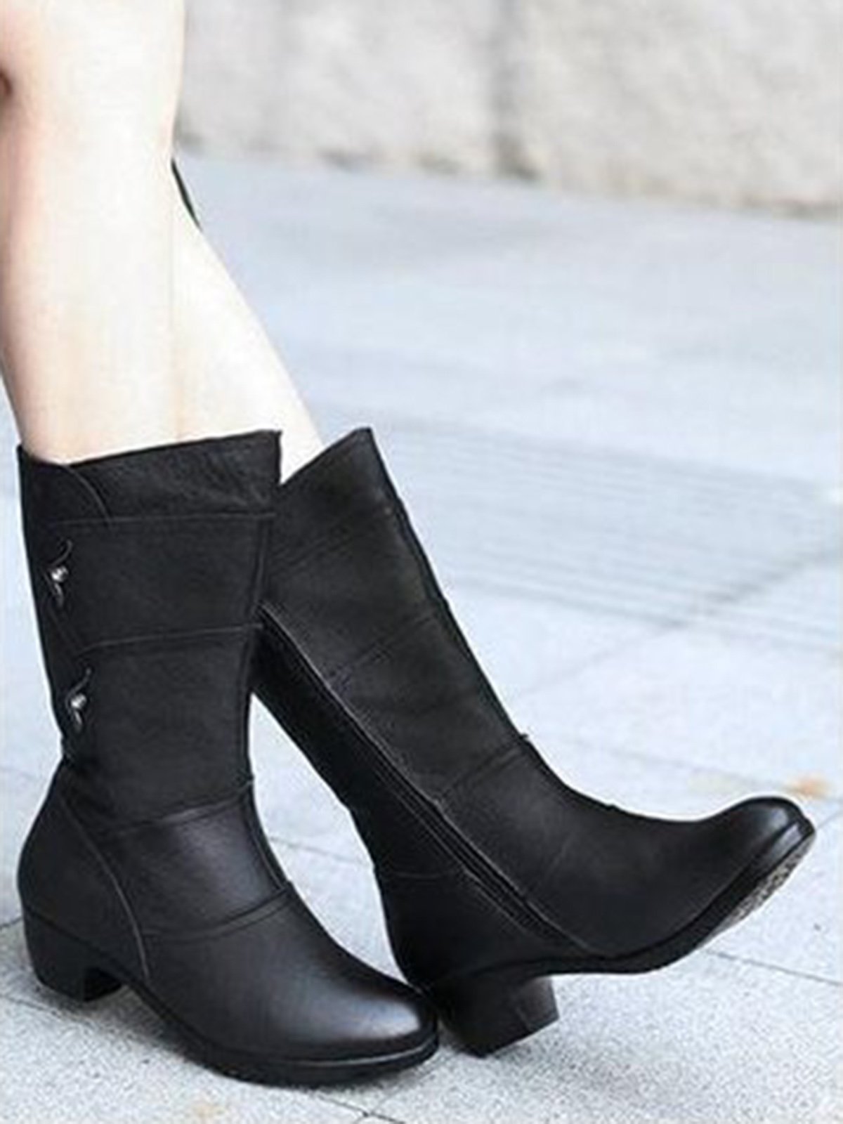 Black Rhinestone Metal Plush Warm Thick Heel Boots
