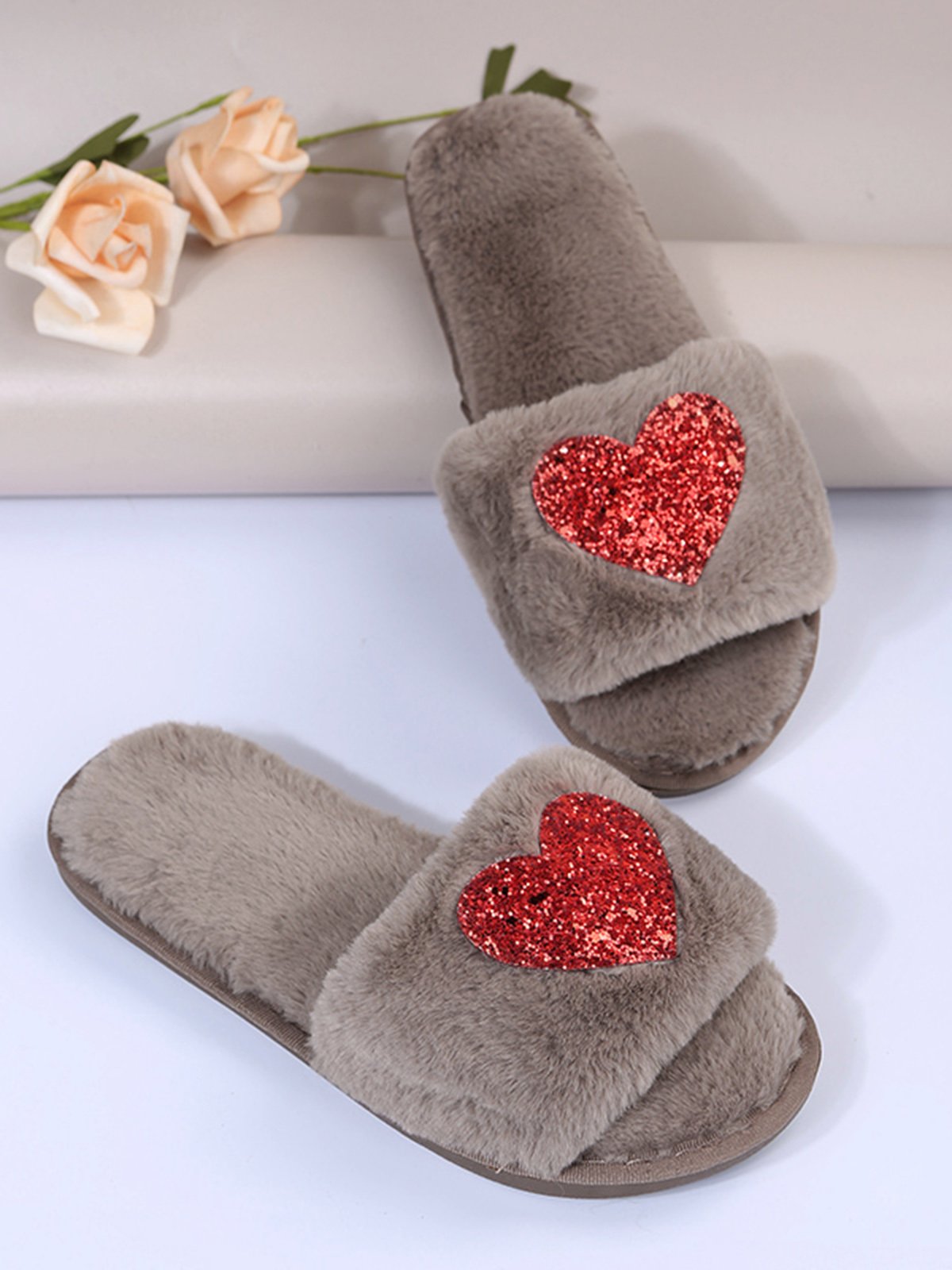 Heart Glitter Decor Fluffy Open-Top Slippers