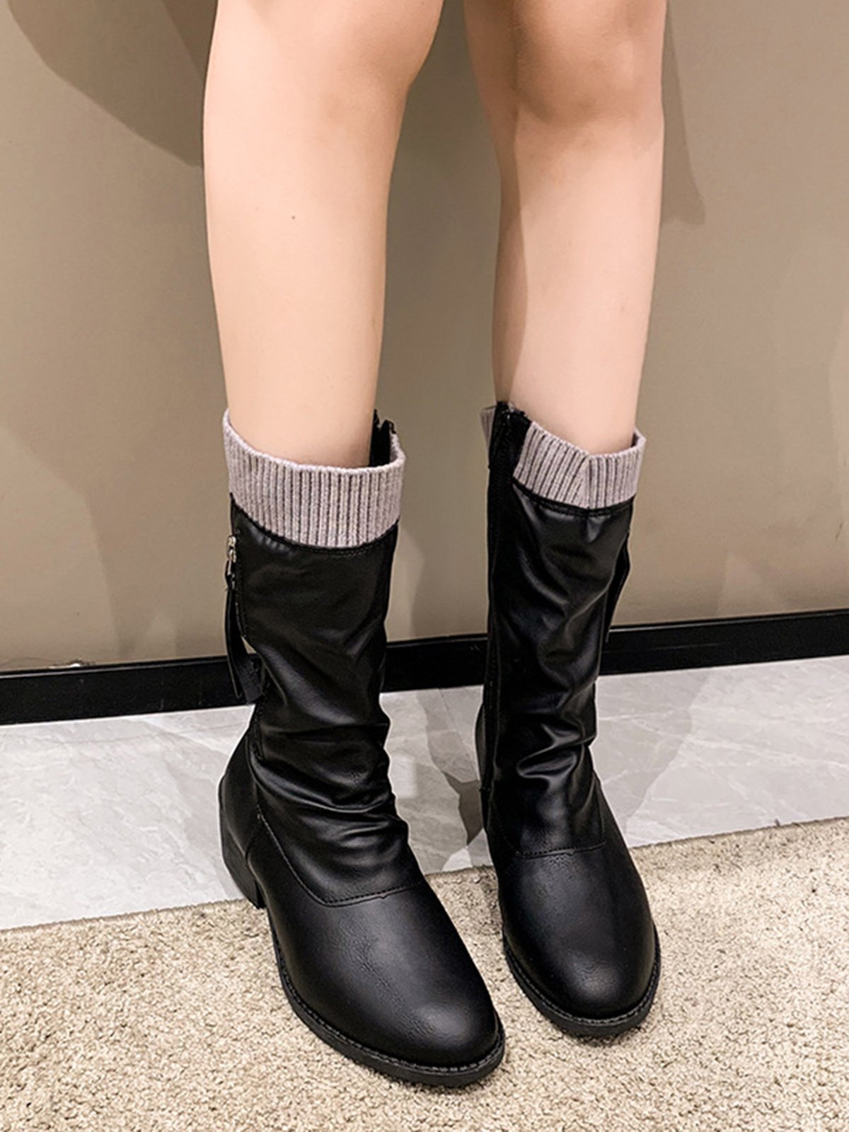 Vintage Wool Knitting Stitching Pleated Synthetic Leather Thick Heel Boots
