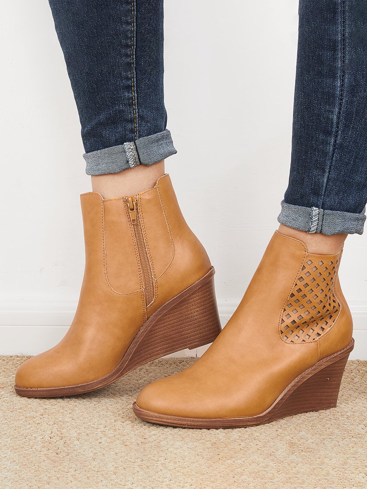 Hollow Side Zip Stacked Wedge Heel  Ankle Boots