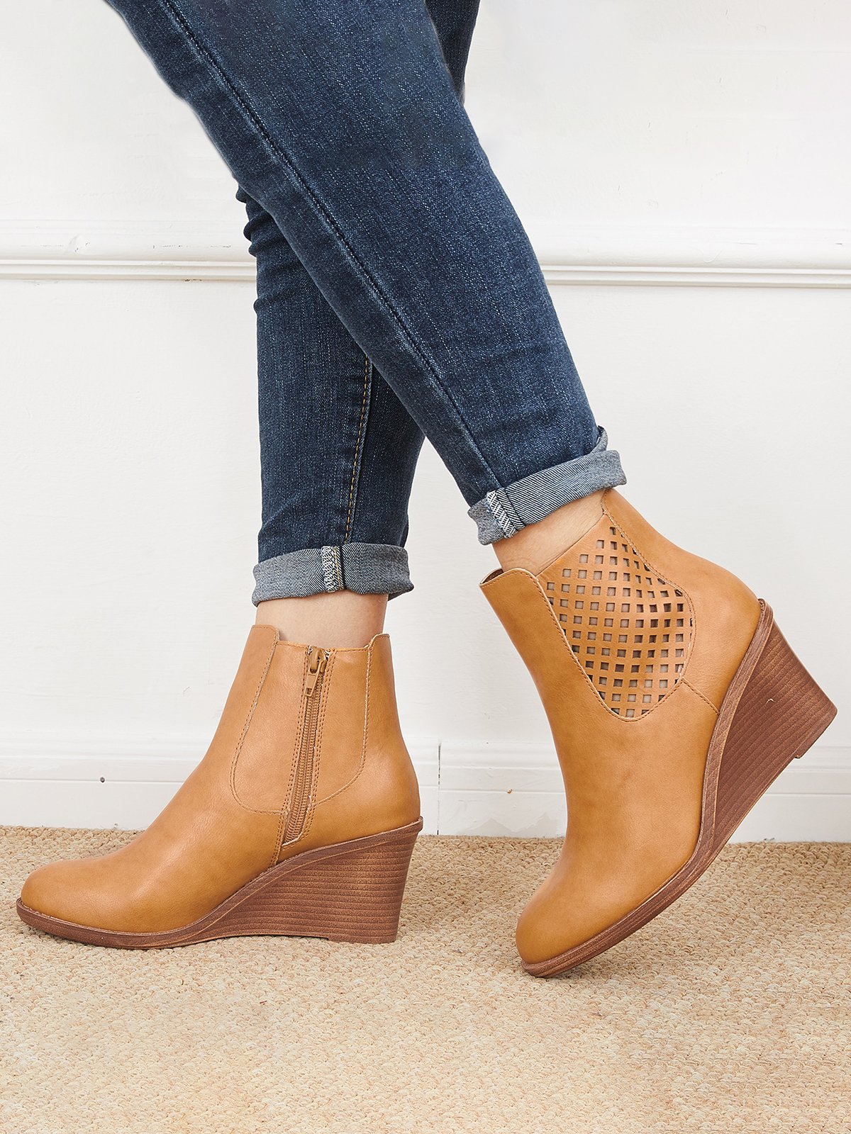 Hollow Side Zip Stacked Wedge Heel  Ankle Boots