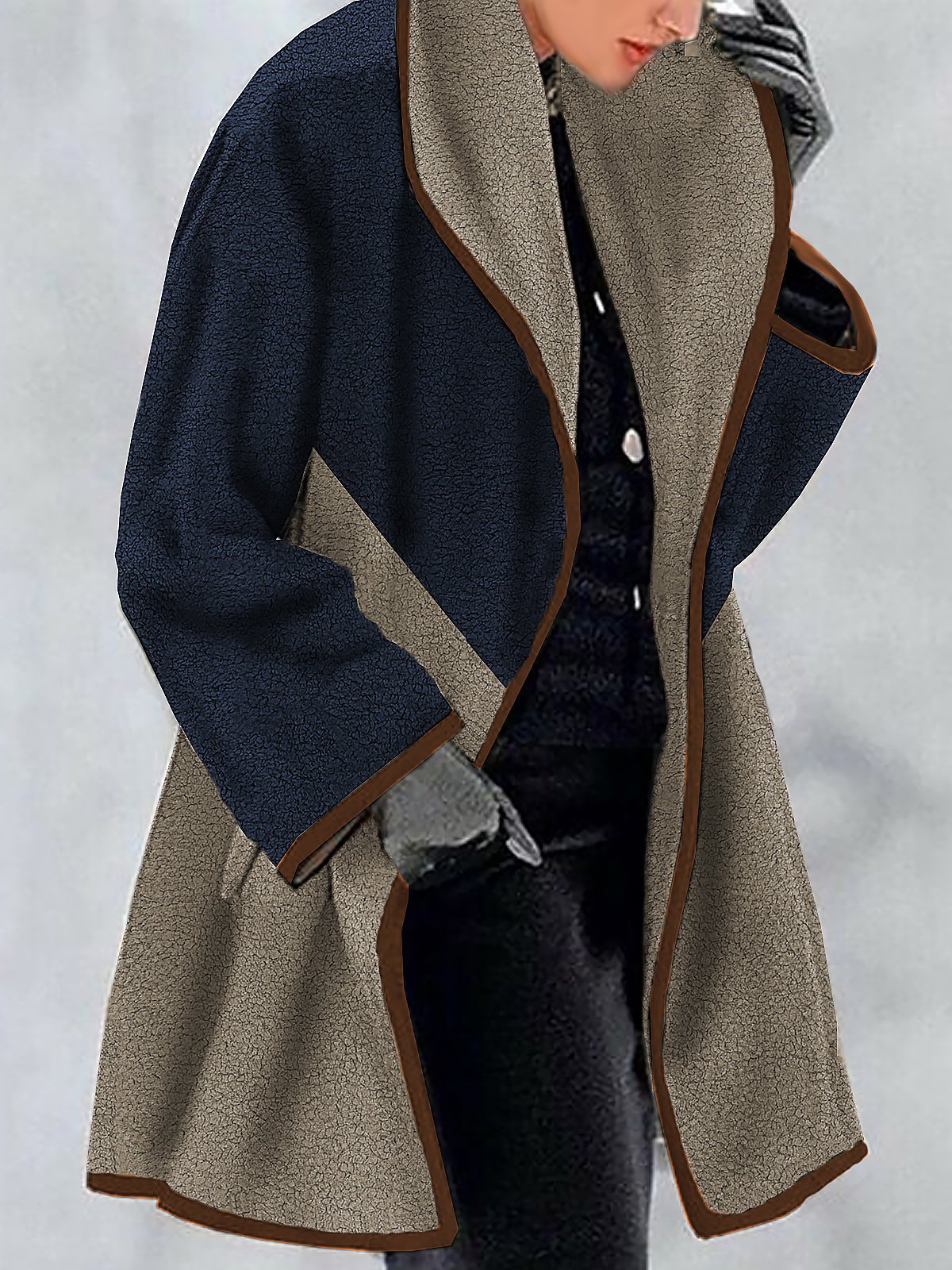 Color Block Loose Shawl Collar Teddy Jacket