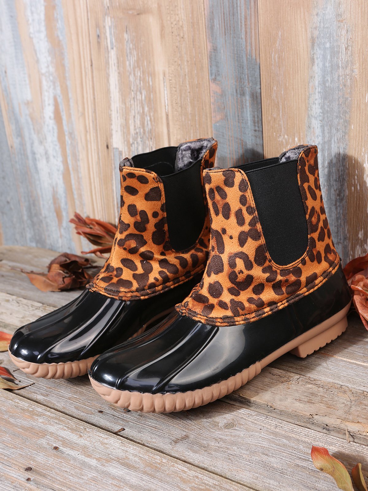 Leopard Plain Plush Warm Panel Waterproof Duck Bean Boots