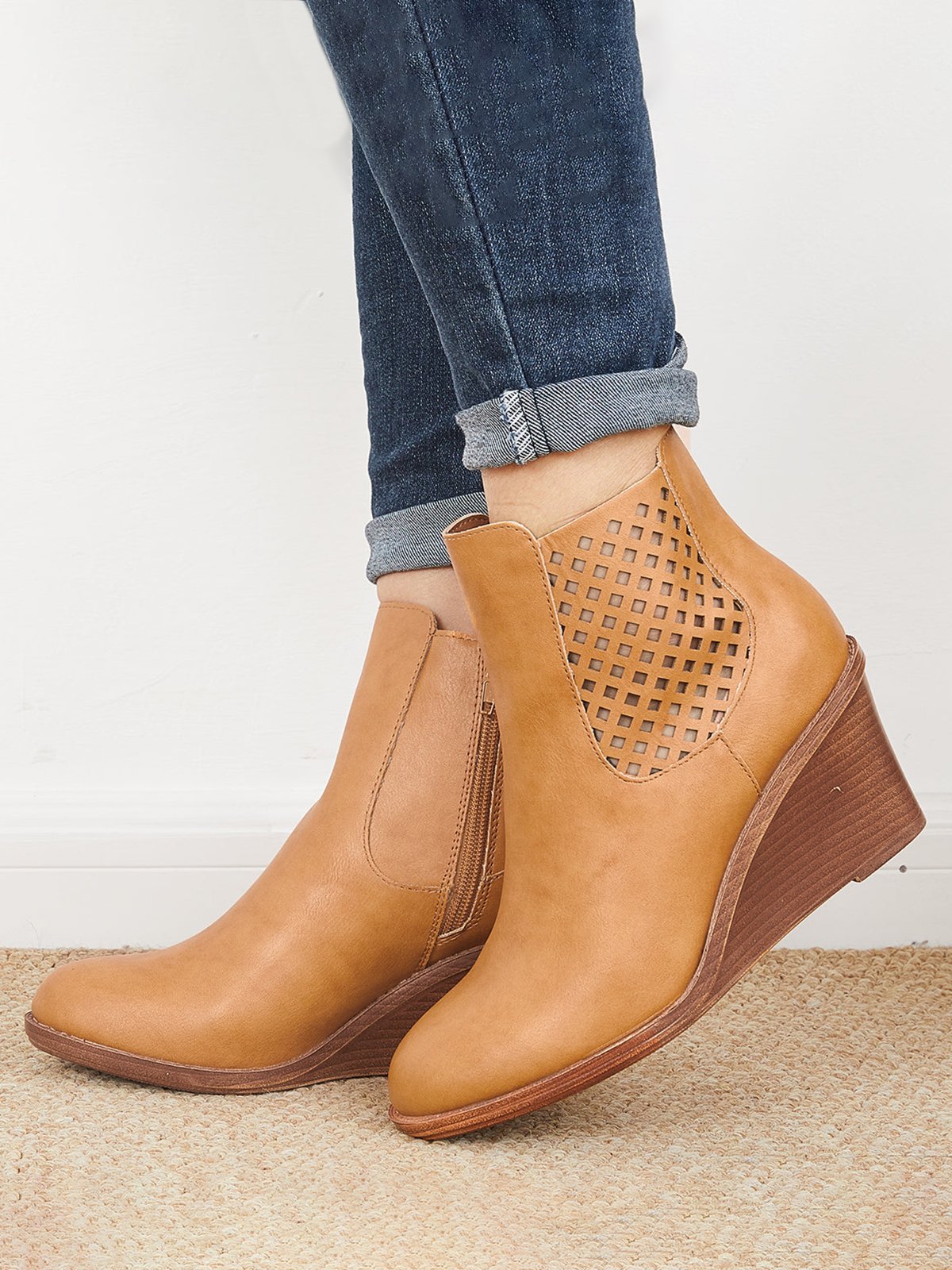 Hollow Side Zip Stacked Wedge Heel  Ankle Boots