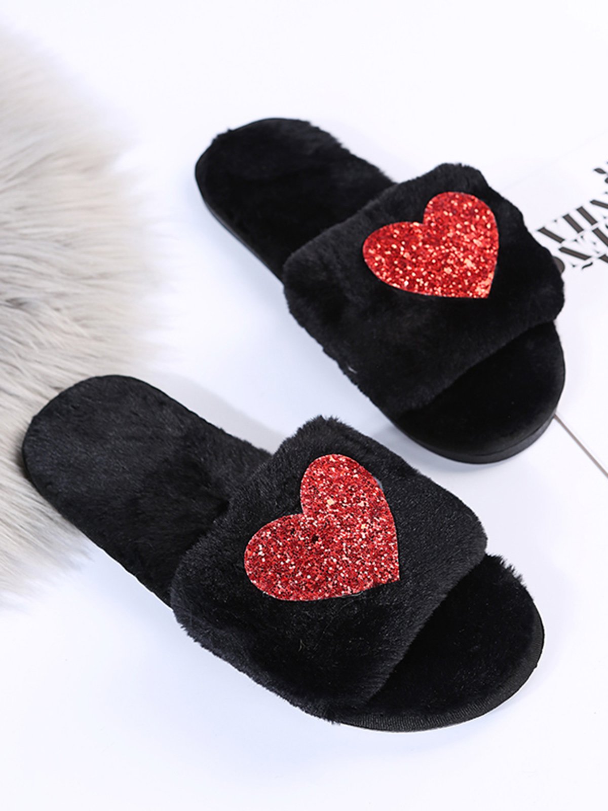 Heart Glitter Decor Fluffy Open-Top Slippers