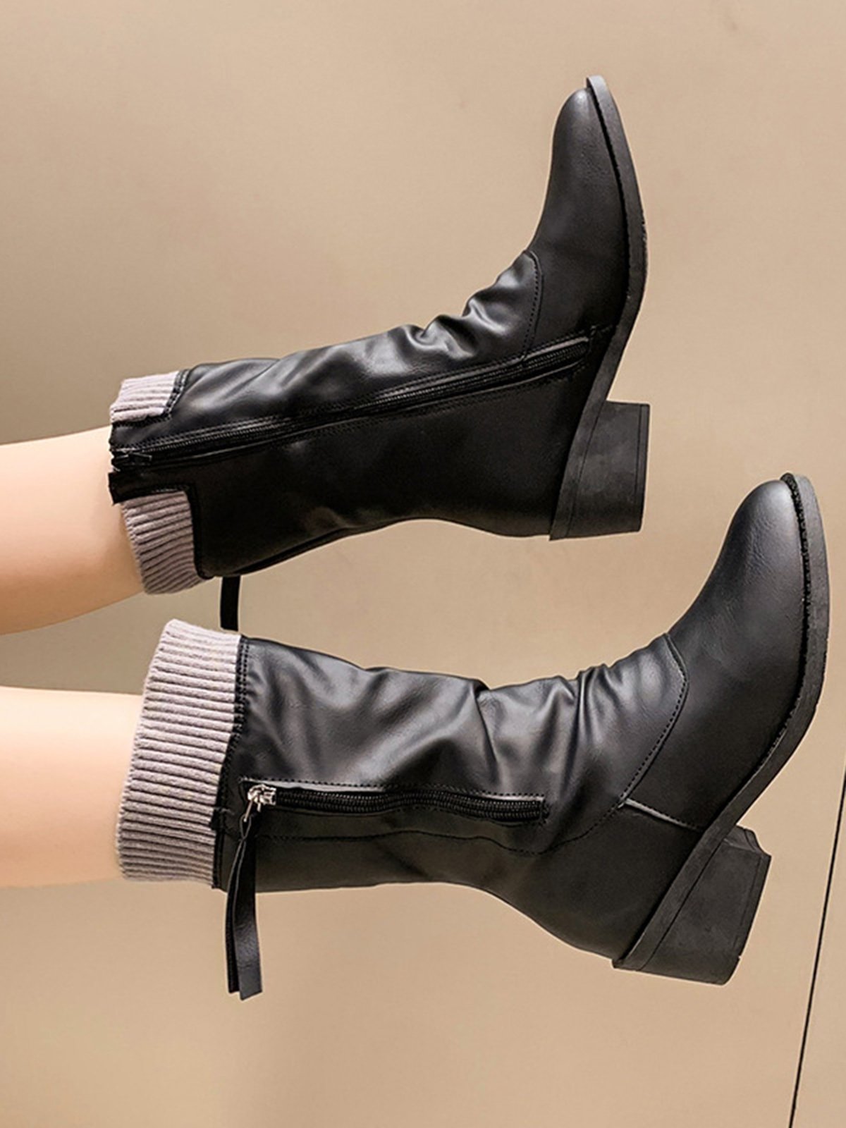 Vintage Wool Knitting Stitching Pleated Synthetic Leather Thick Heel Boots