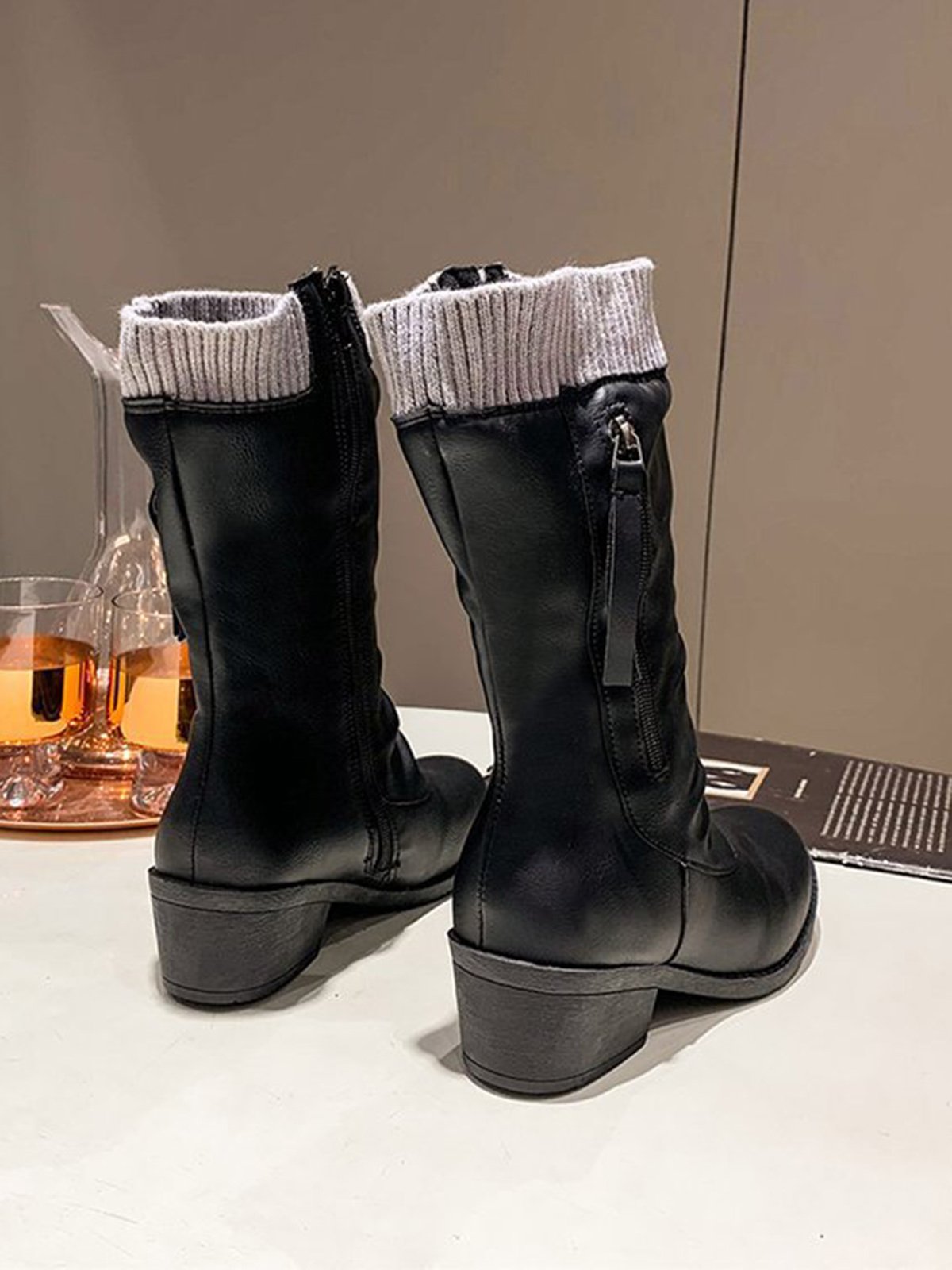 Vintage Wool Knitting Stitching Pleated Synthetic Leather Thick Heel Boots