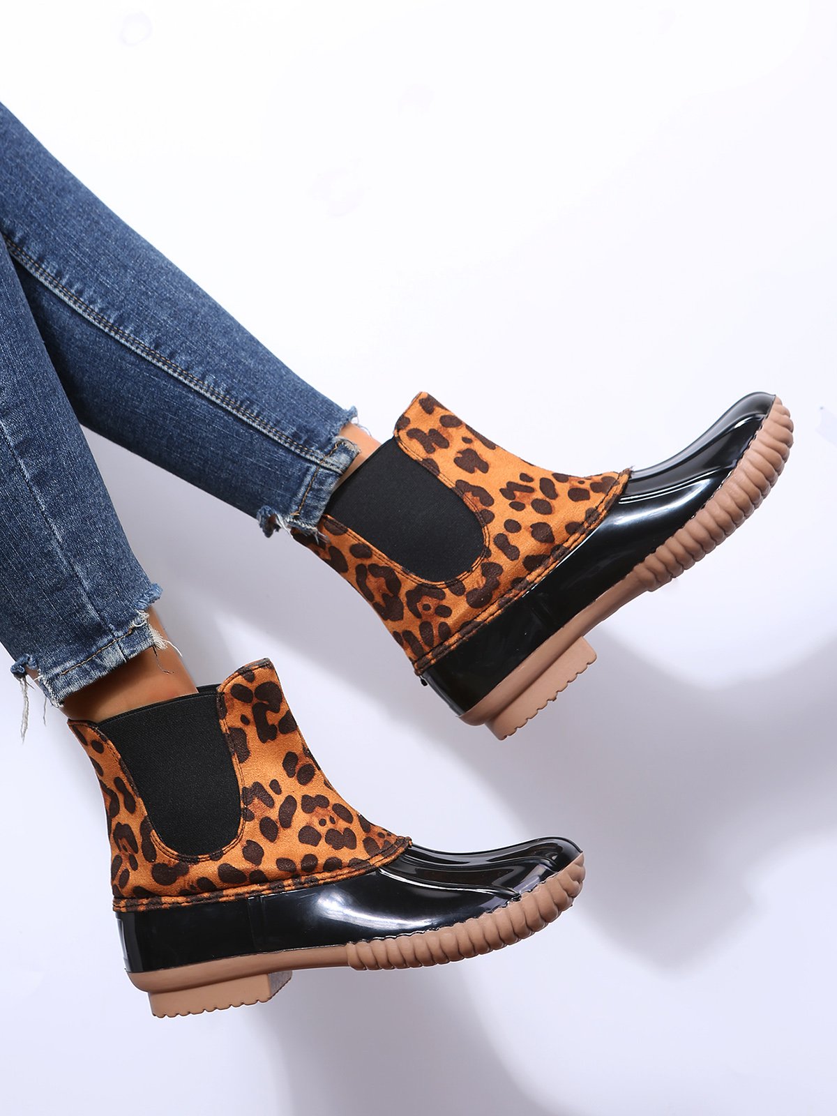 Leopard Plain Plush Warm Panel Waterproof Duck Bean Boots