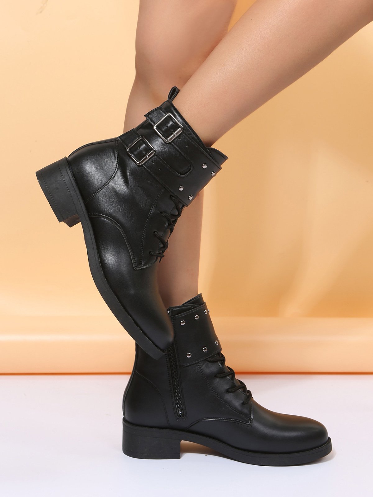 Black Riveted Buckle Coarse Heel Motorcycle Boots