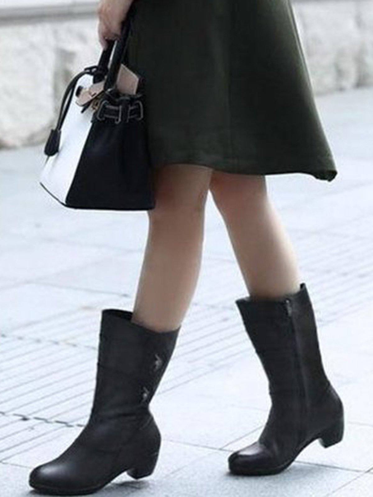 Black Rhinestone Metal Plush Warm Thick Heel Boots