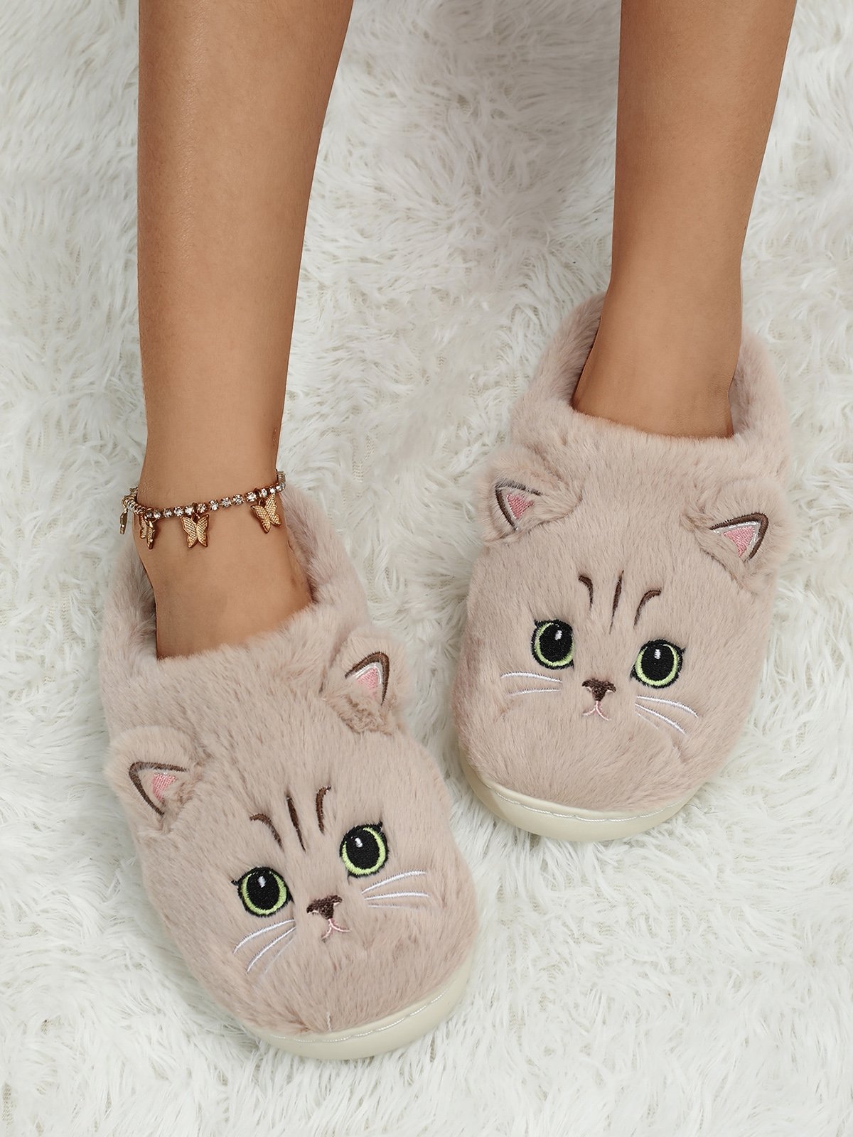 Cartoon Cat Design Embroidered Fuzzy Novelty Slippers