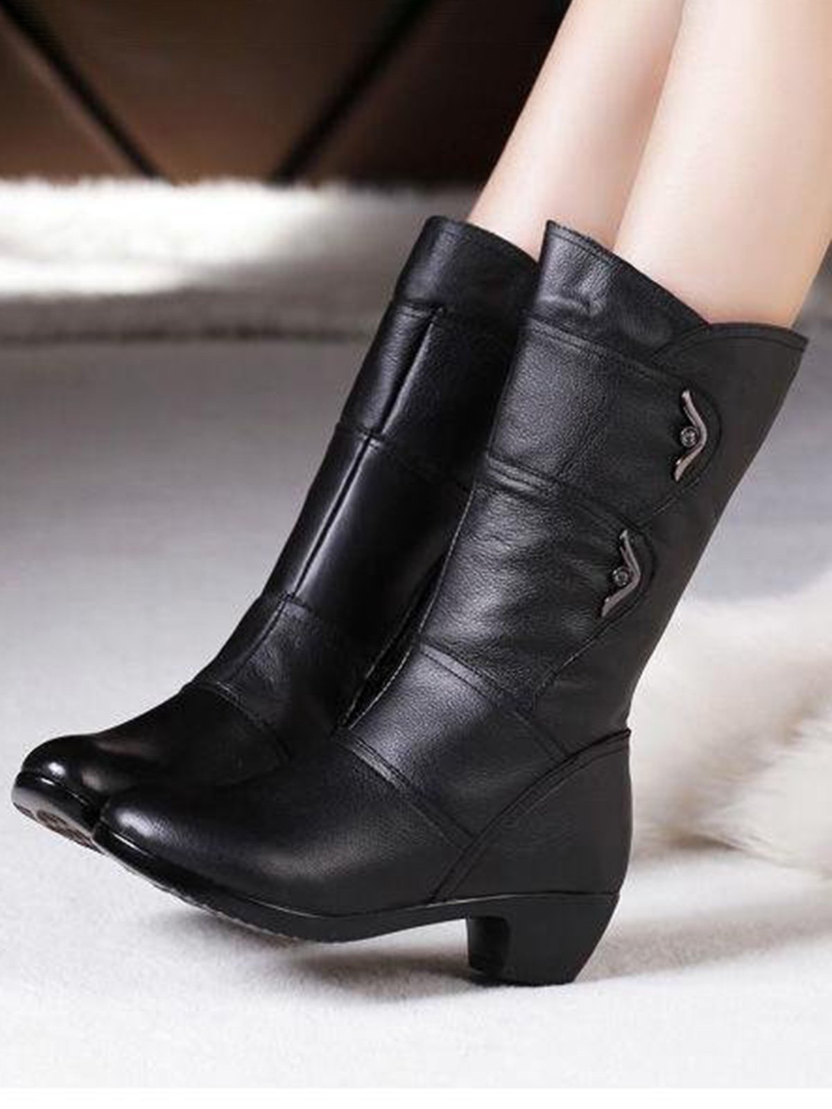 Black Rhinestone Metal Plush Warm Thick Heel Boots