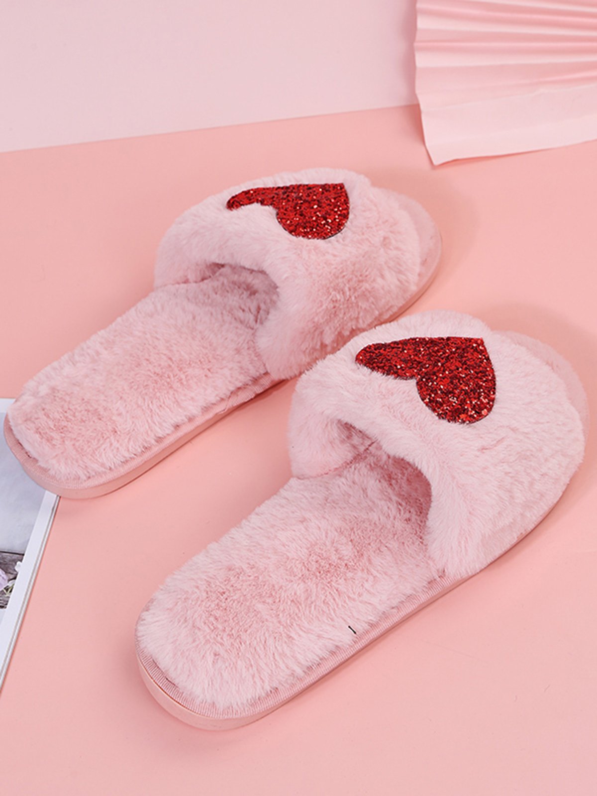 Heart Glitter Decor Fluffy Open-Top Slippers