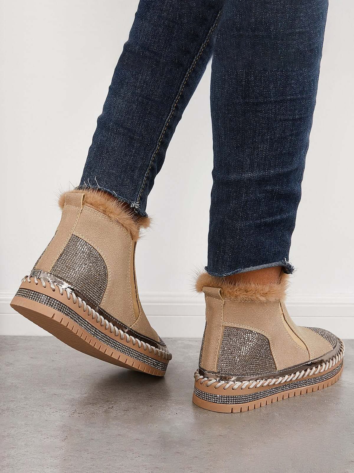 Rhinestone Split Joint Warm Fur Lined Slip on Ankle Boots