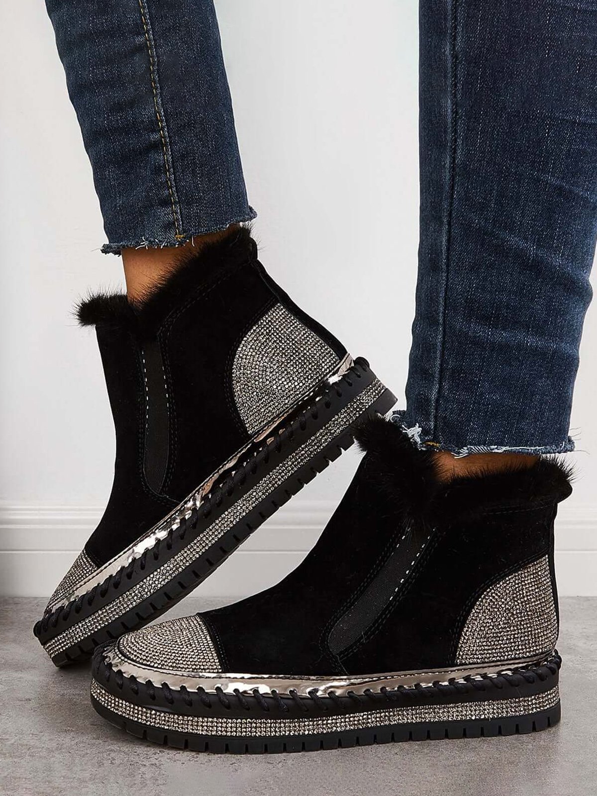Rhinestone Split Joint Warm Fur Lined Slip on Ankle Boots