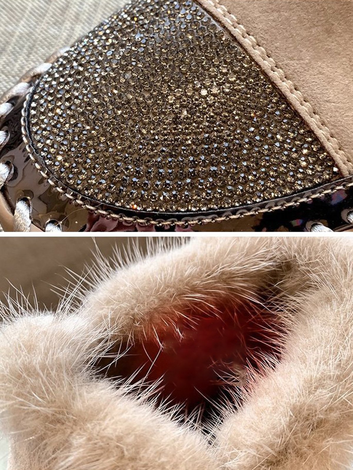 Rhinestone Split Joint Warm Fur Lined Slip on Ankle Boots