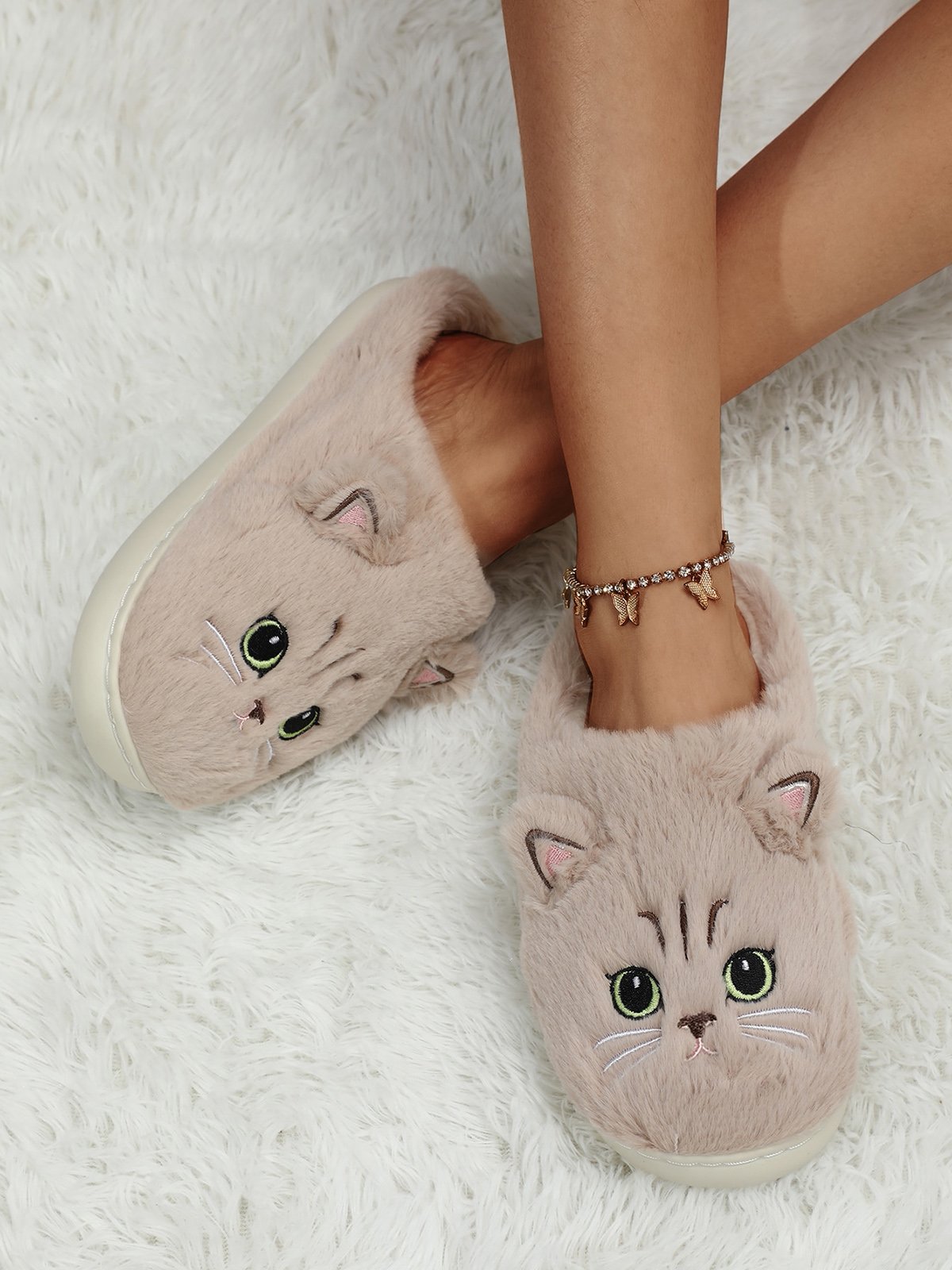 Cartoon Cat Design Embroidered Fuzzy Novelty Slippers