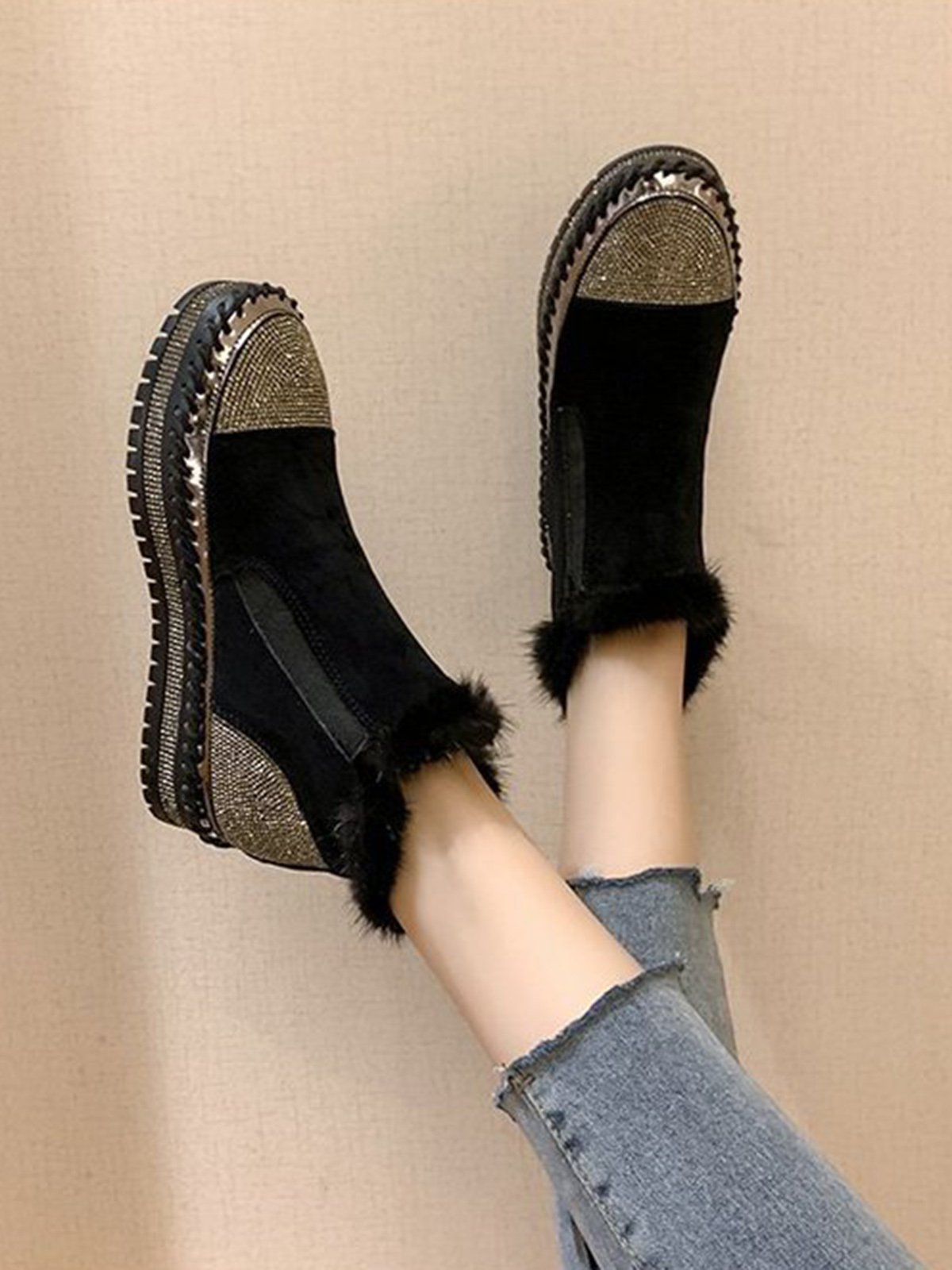 Rhinestone Split Joint Warm Fur Lined Slip on Ankle Boots