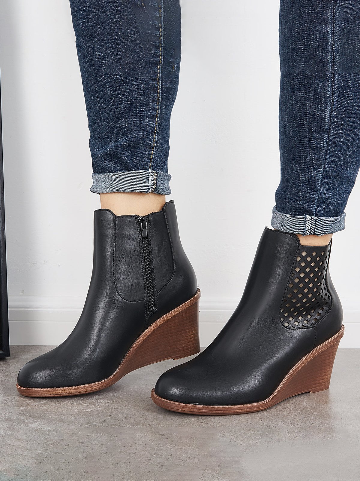 Hollow Side Zip Stacked Wedge Heel  Ankle Boots