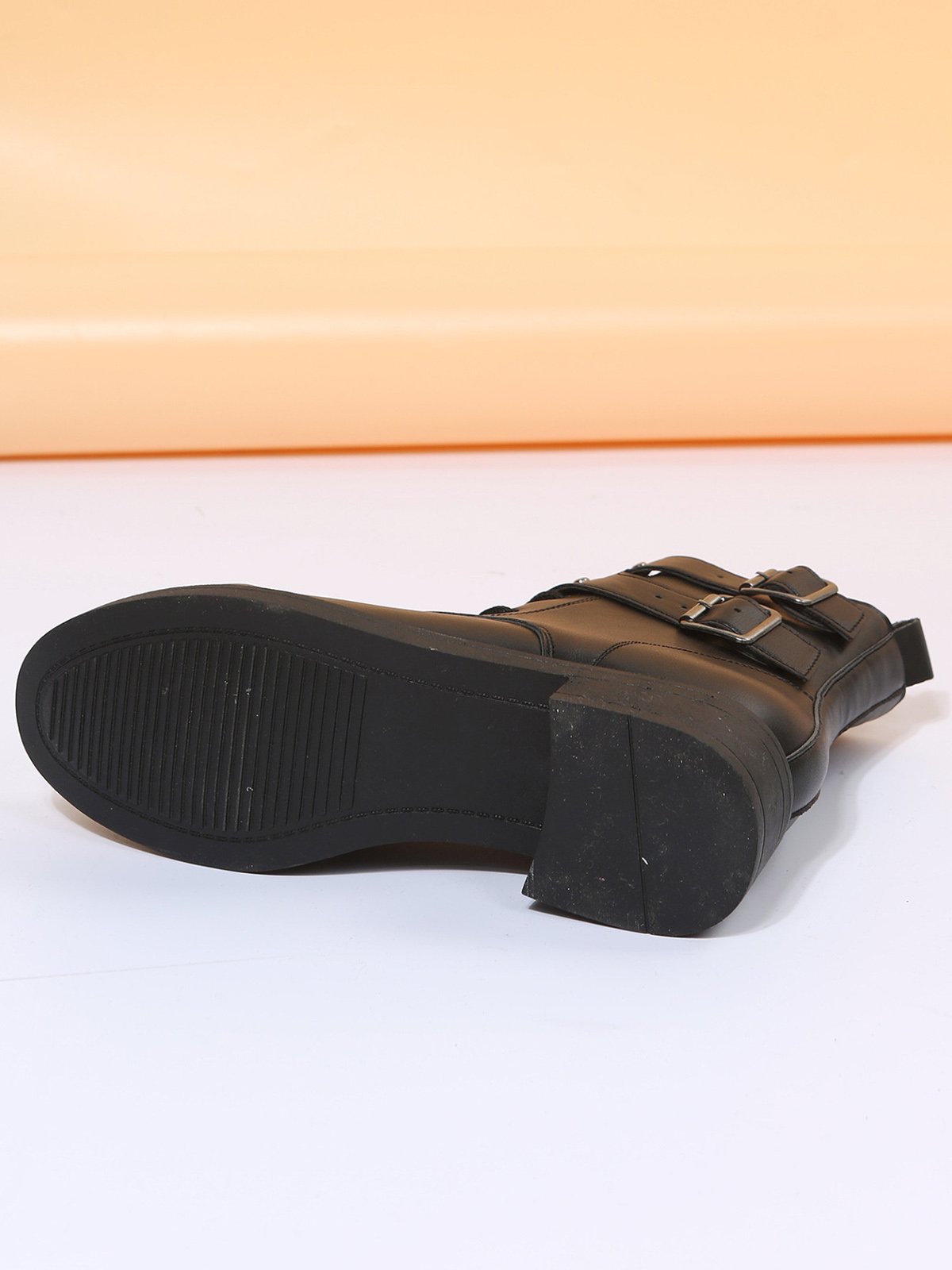 Black Riveted Buckle Coarse Heel Motorcycle Boots