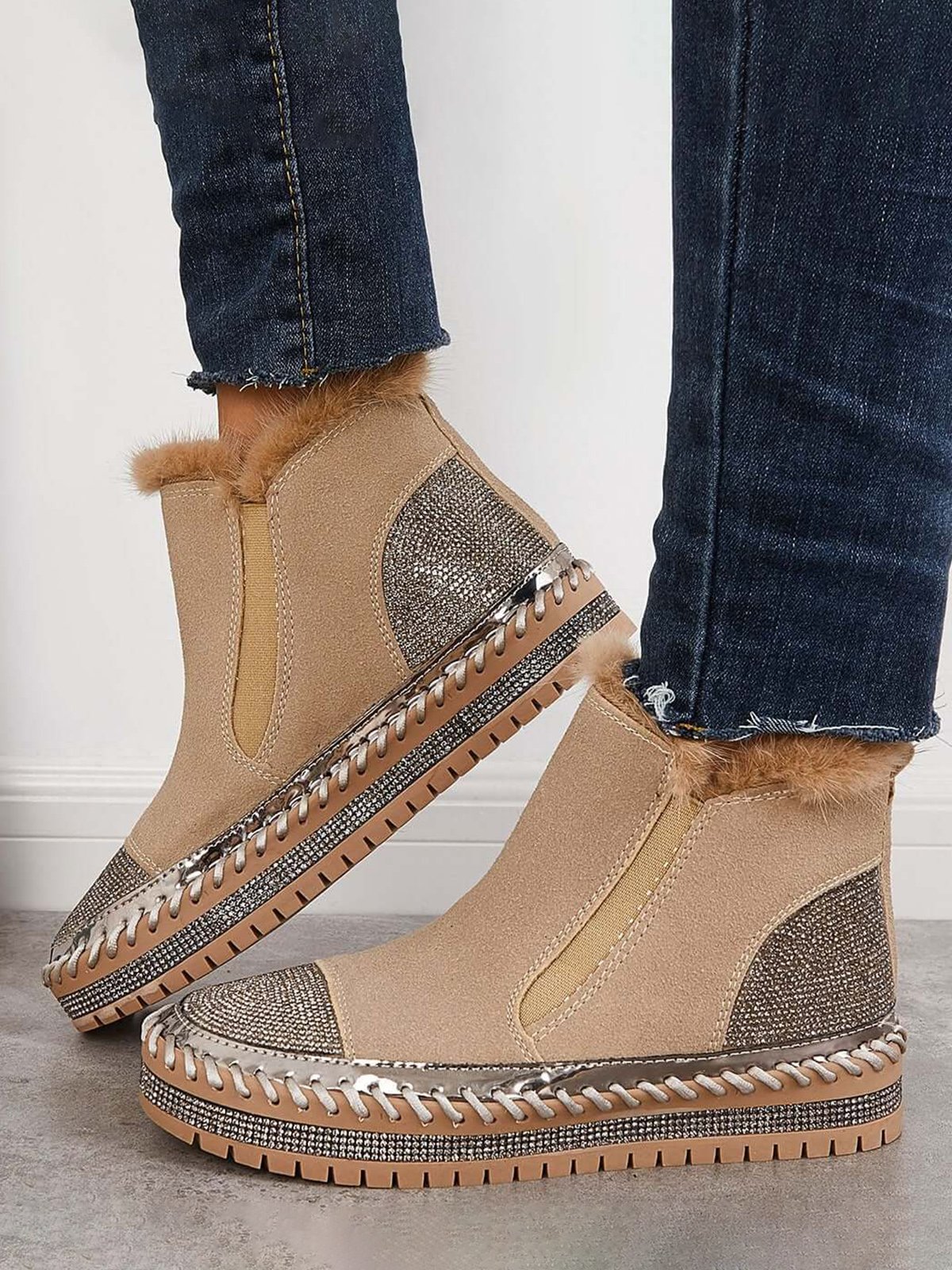Rhinestone Split Joint Warm Fur Lined Slip on Ankle Boots